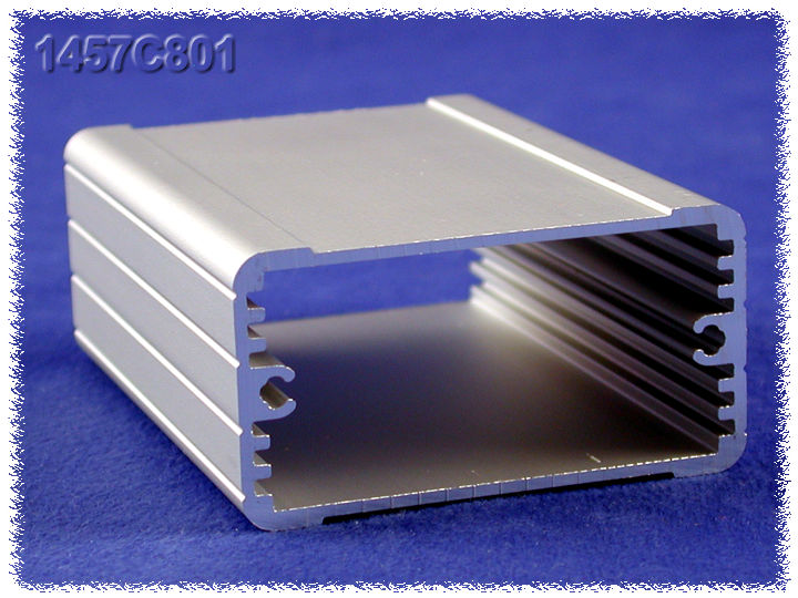 1457C801 IP65 watertight extruded aluminum enclosure with clear anodized body and black diecast end panels
