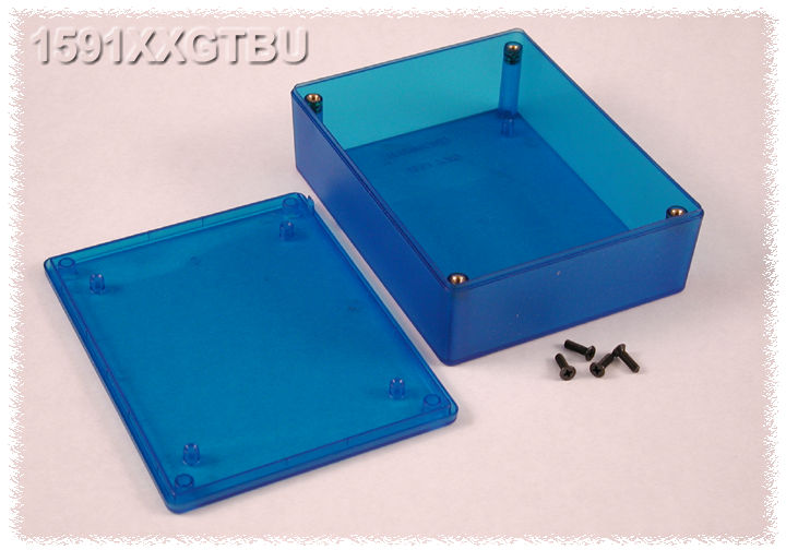 Hammond 1591XXGTBU transparent blue ABS plastic enclosure, 1591XXG size, box and lid shown