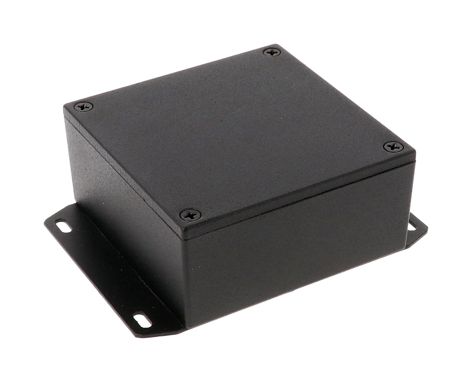 1590YFBK textured black square diecast enclosure with welded bottom mounting flange