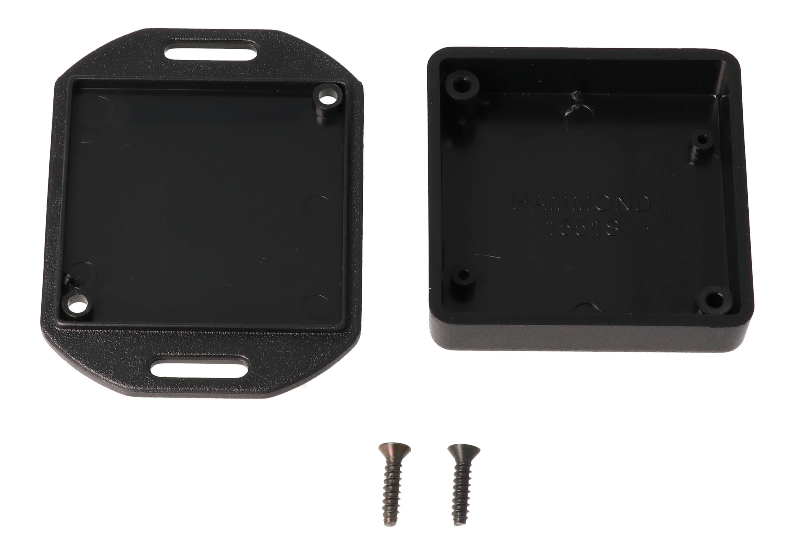 1551SFLBK black ABS low-profile enclosure with flanged mounting lid, 50 x 50 x 15 mm