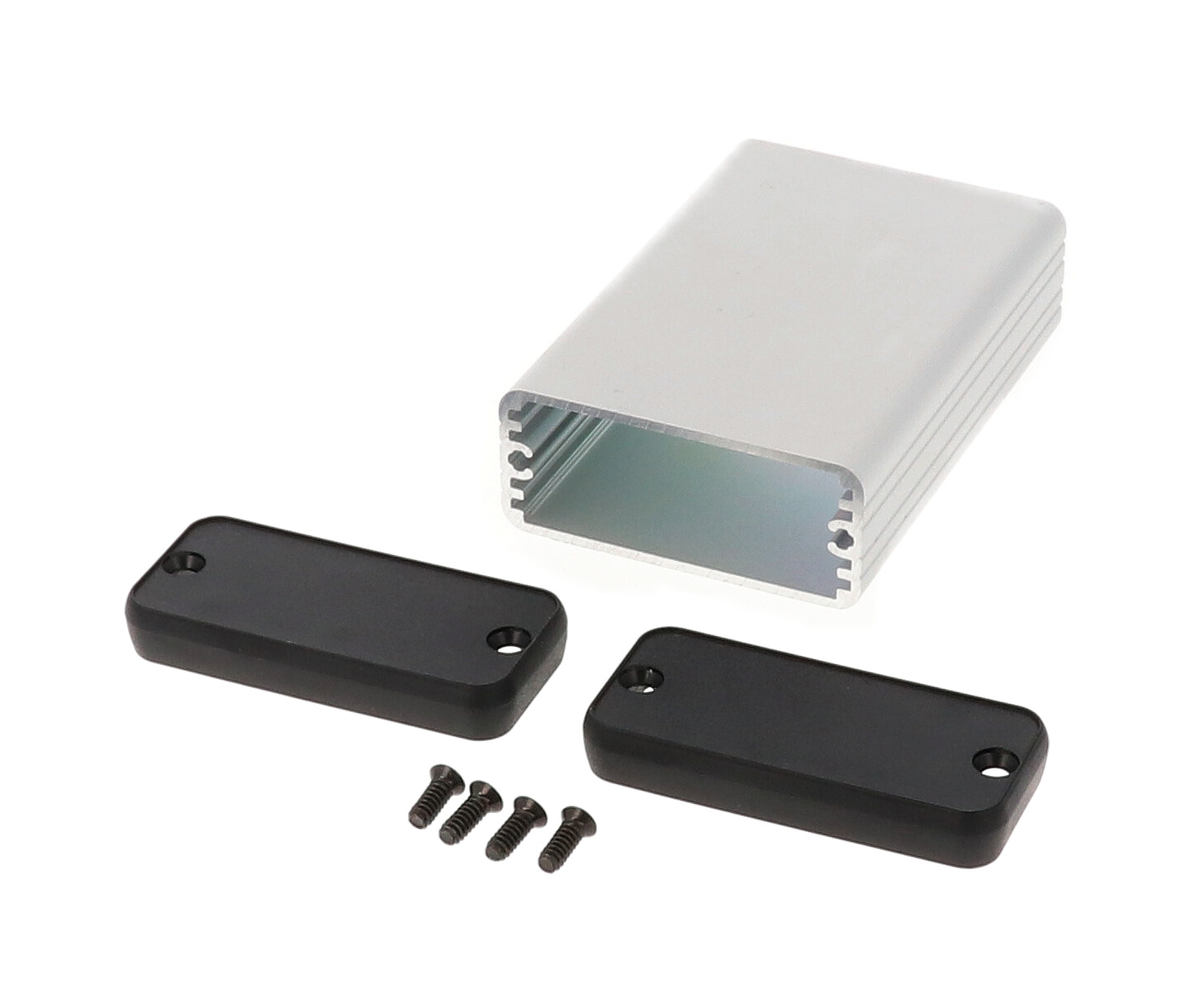 1455C802 clear anodized extruded aluminum PC board enclosure, 80 x 54 x 23 mm, with plastic end panels