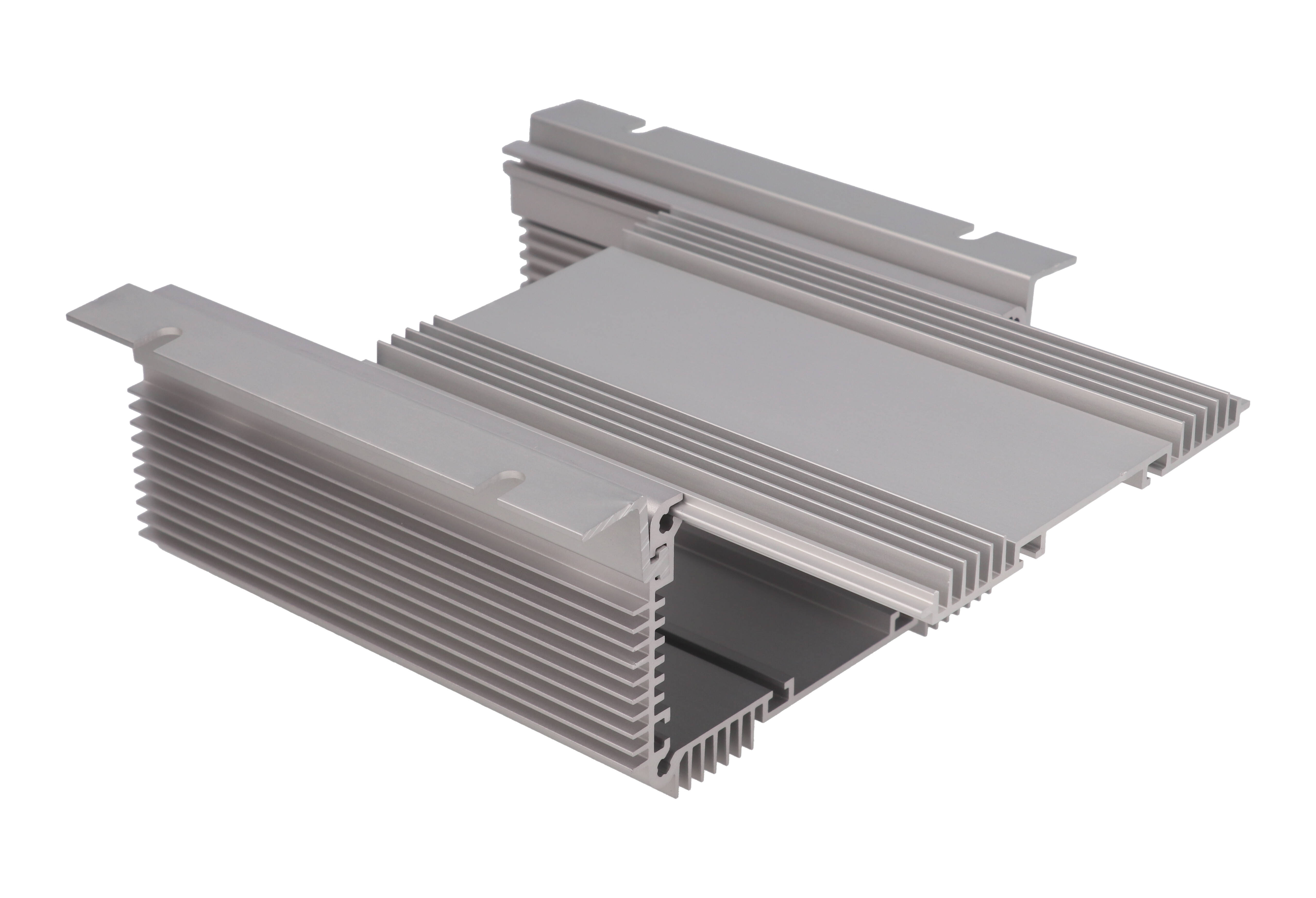 1455NHD1201 clear anodized finned heat dissipating extruded aluminum enclosure, 120 x 111 x 61 mm, with mounting flanges