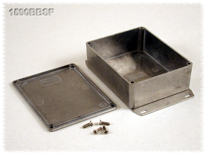 1590BBSF natural finish diecast aluminum enclosure with welded bottom mounting flange