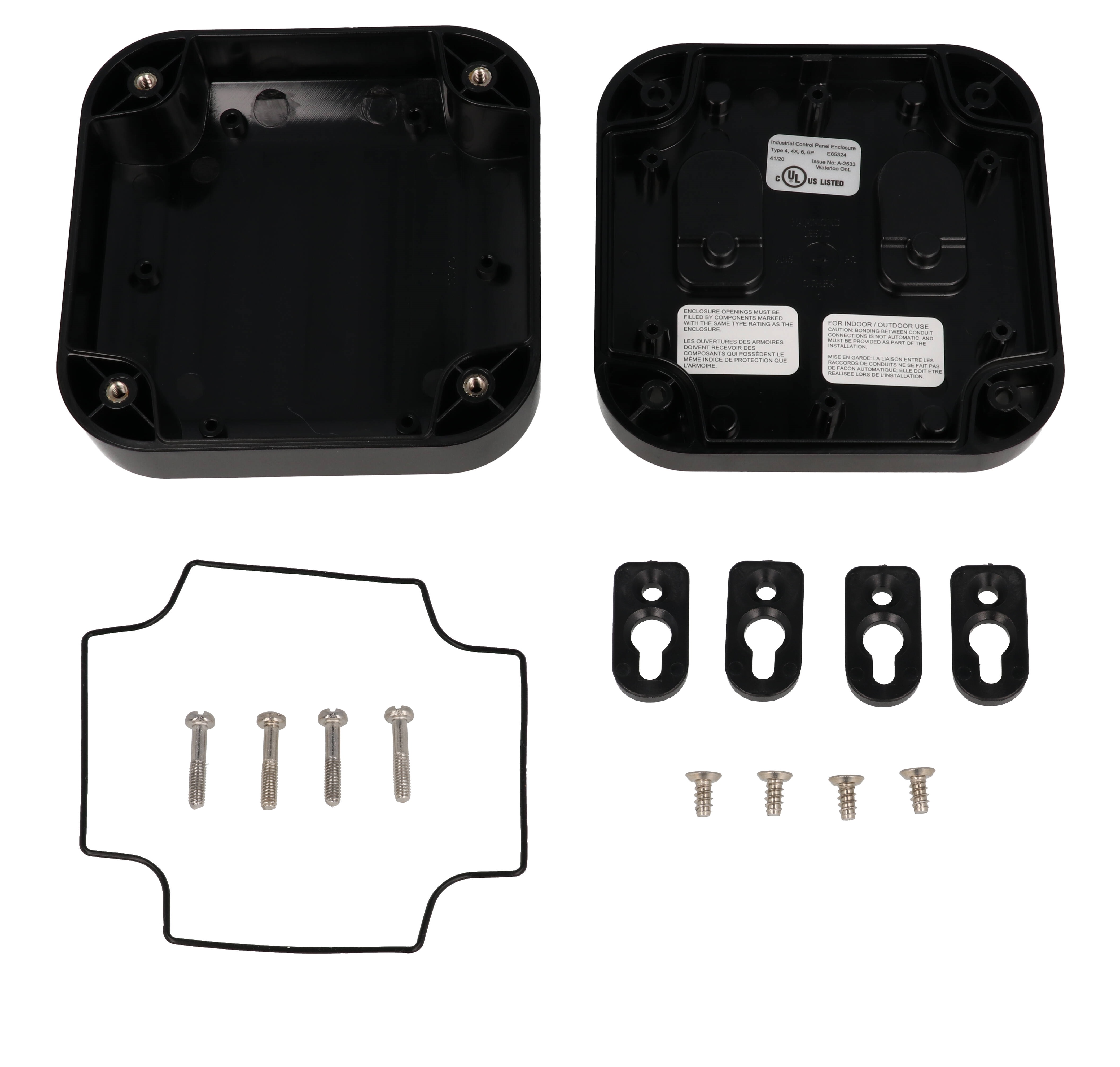 1557D2BK black polycarbonate watertight enclosure, 120 x 120 x 45 mm, with rounded corners and four lid screws
