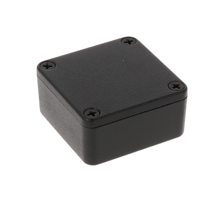 1590LLBBK black textured diecast aluminum enclosure, 51 x 51 x 25 mm, with black cover screws