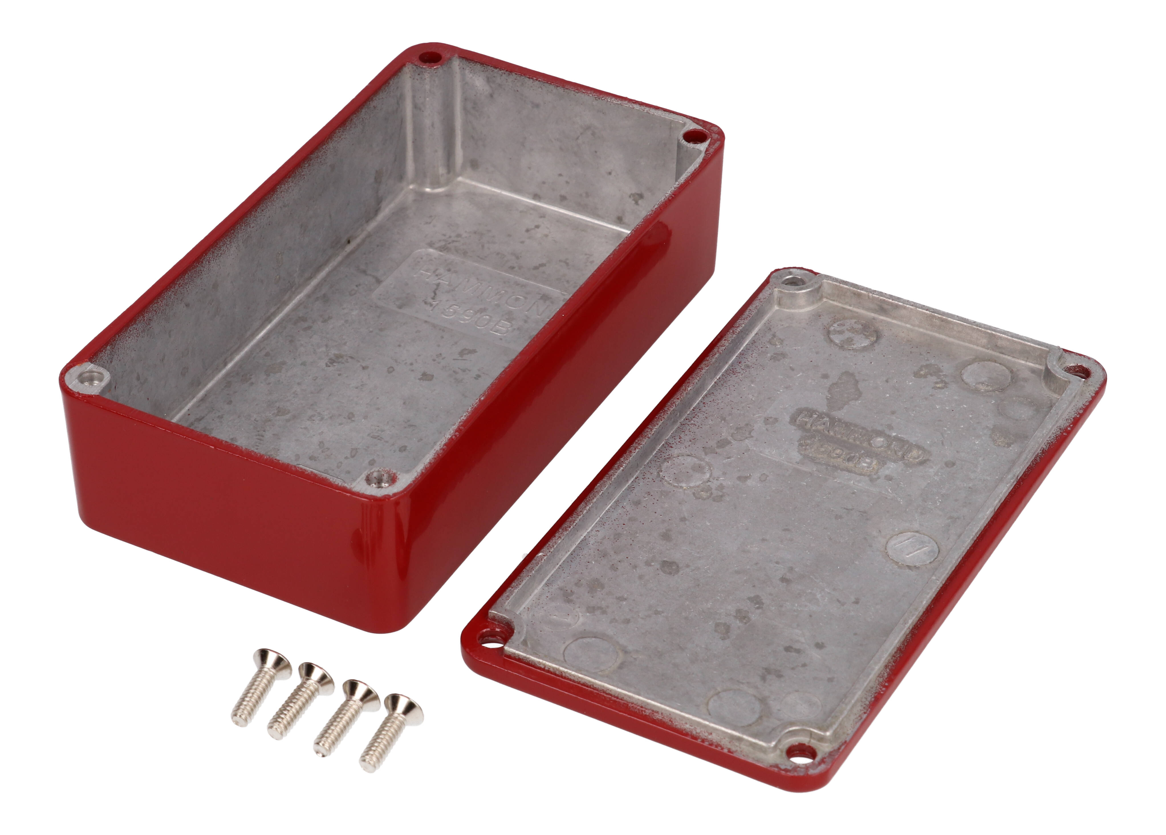 1590BRD red powder coated diecast aluminum stomp box enclosure, 112 x 61 x 31 mm, with lid