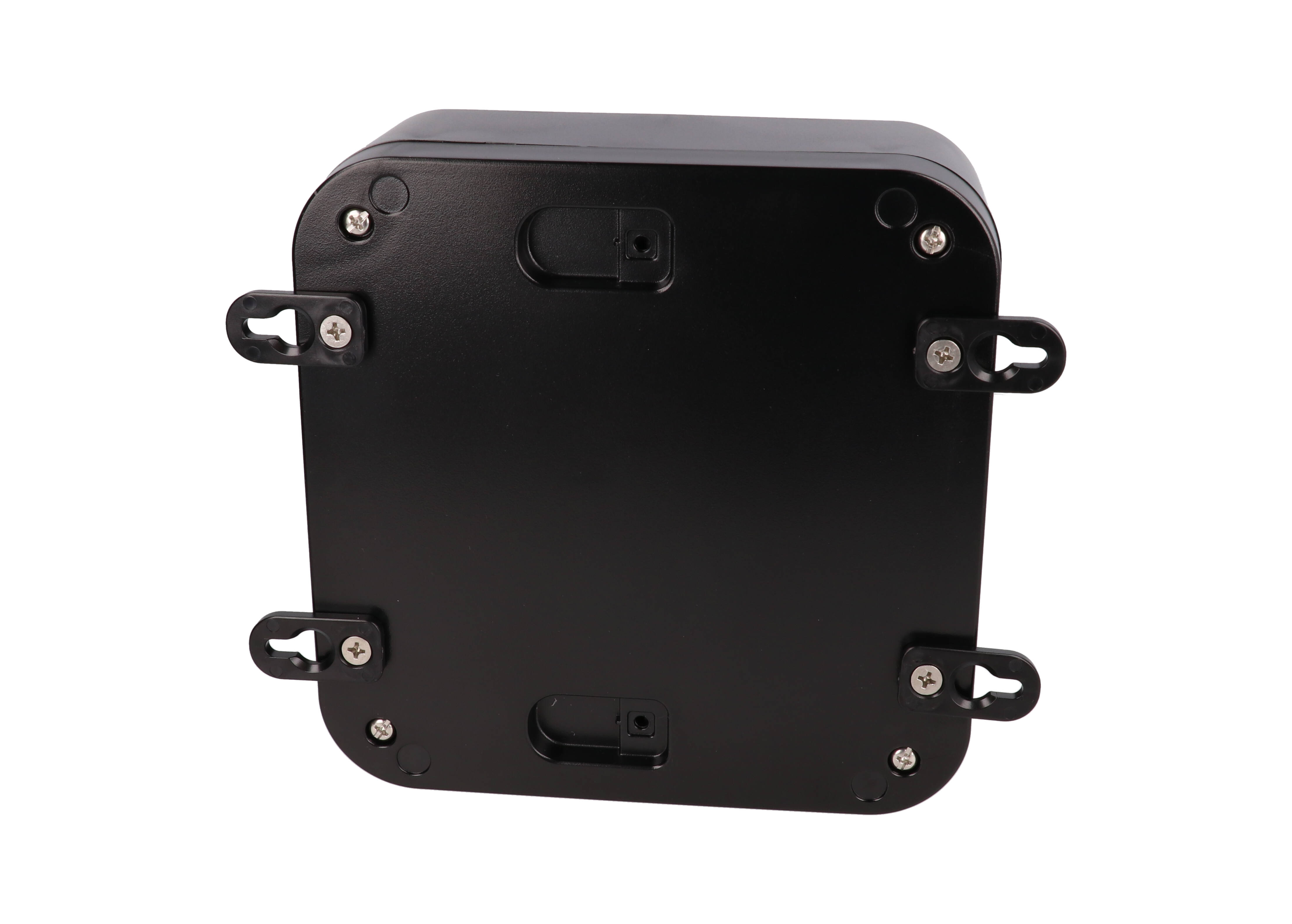 1557FA2BK black polycarbonate watertight enclosure, 160 x 160 x 70 mm, shown with lid fitted