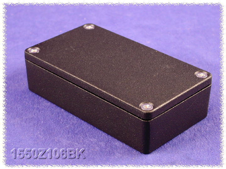 1550Z106BK black textured low-profile thick-wall watertight diecast enclosure, 115 x 66 x 30 mm