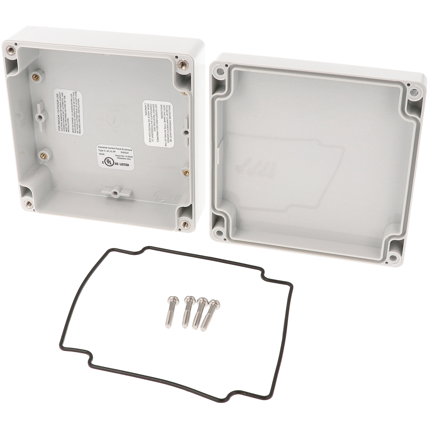 1554NL2GY low-profile light gray polycarbonate enclosure, 120 x 120 x 45 mm