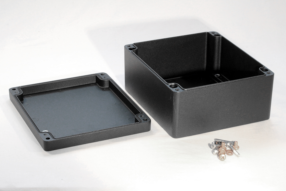 1590Z231BK black 200 x 230 x 110 mm diecast aluminum enclosure with lid and recessed screws