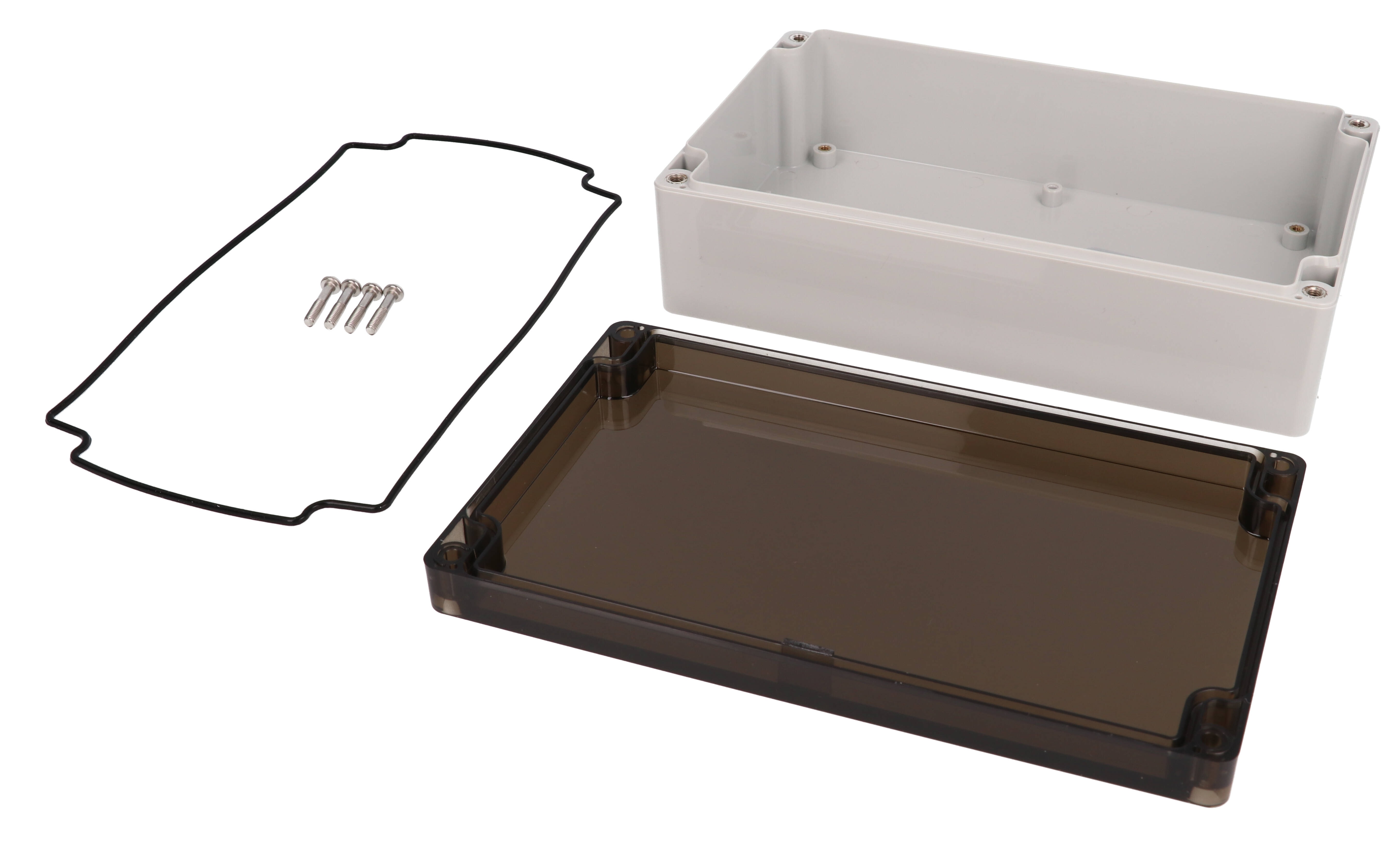1554UA2GYSL light gray polycarbonate enclosure with smoked lid, 200 x 120 x 60 mm
