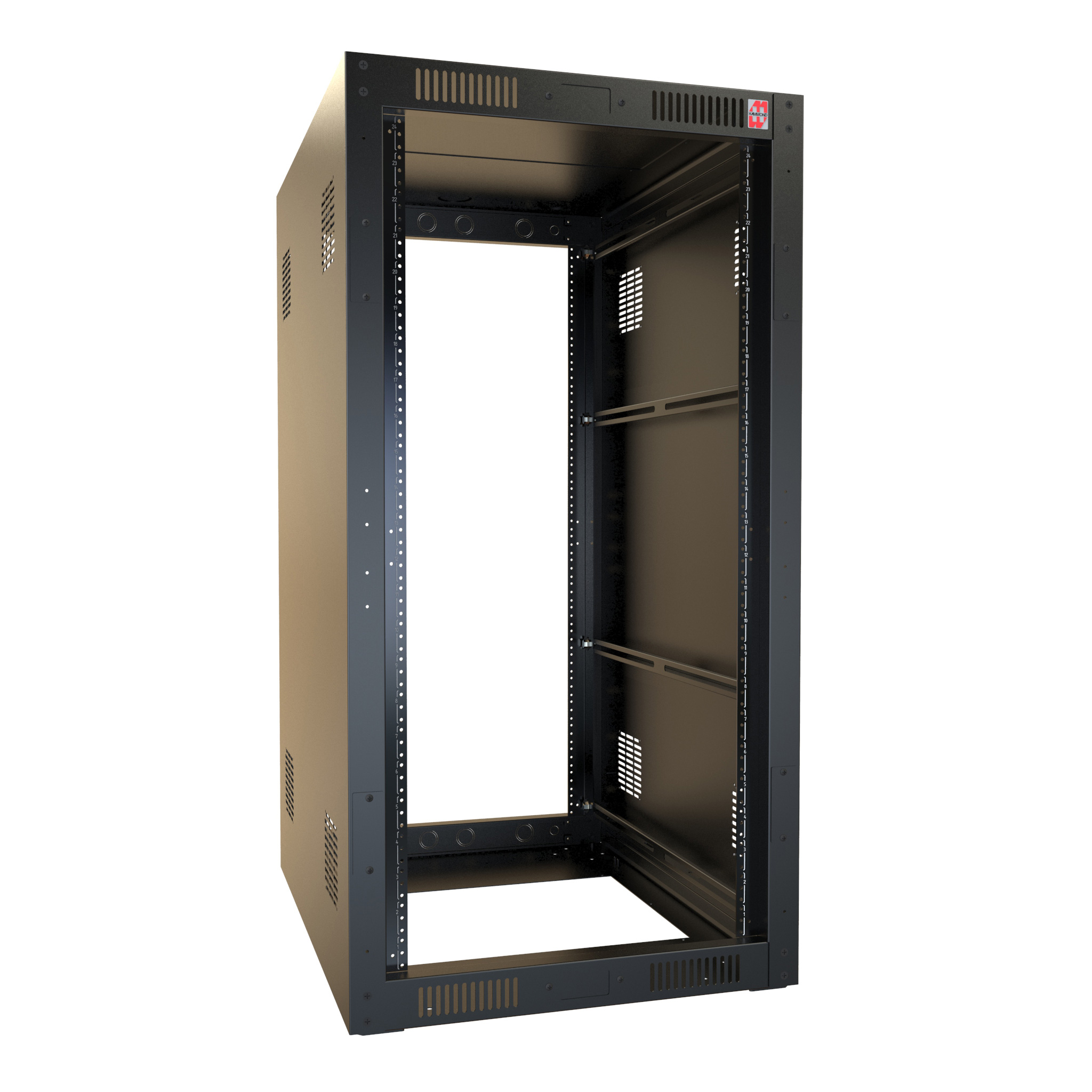 Hammond RCK36U32BK 36U knock-down rack cabinet in textured RAL9005 black, 24 in wide by 32 in deep, with tapped 10-32 mounting rails