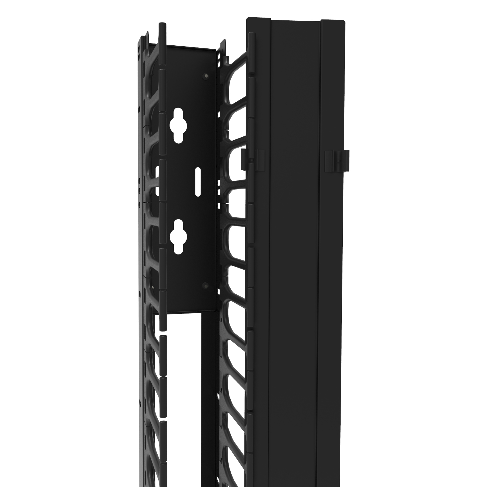 Hammond RB-VFM45-4-1 45U single-sided 4 in wide black vertical finger cable manager with removable aluminum cover for open frame racks