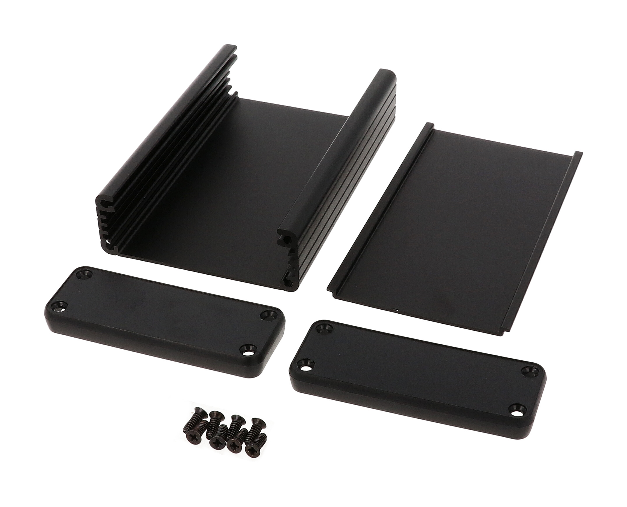 1455J1202BK black anodized extruded aluminum enclosure, 120 x 78 x 27 mm, with black plastic end panels