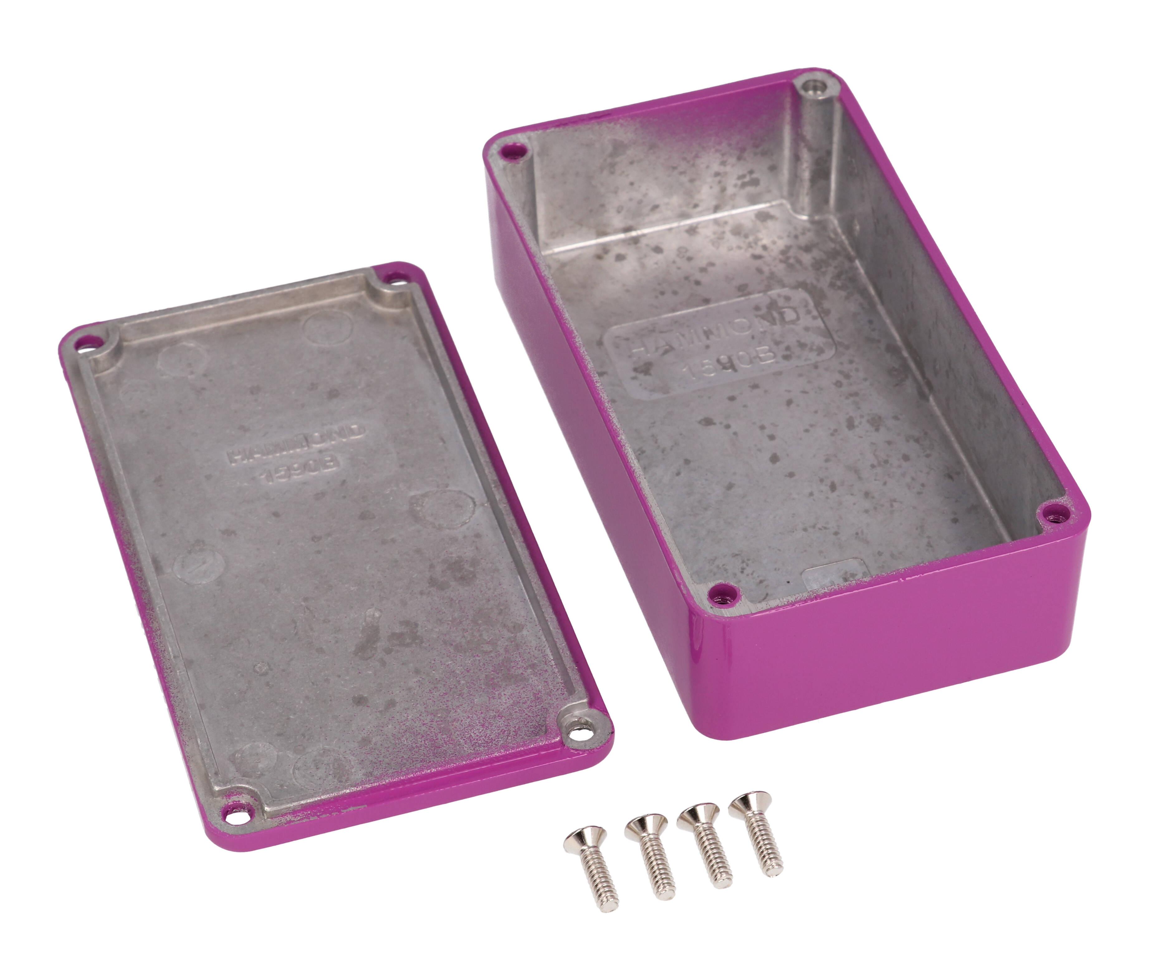 1590BPR purple powder coated diecast aluminum stomp box enclosure, 112 x 61 x 31 mm, with lid