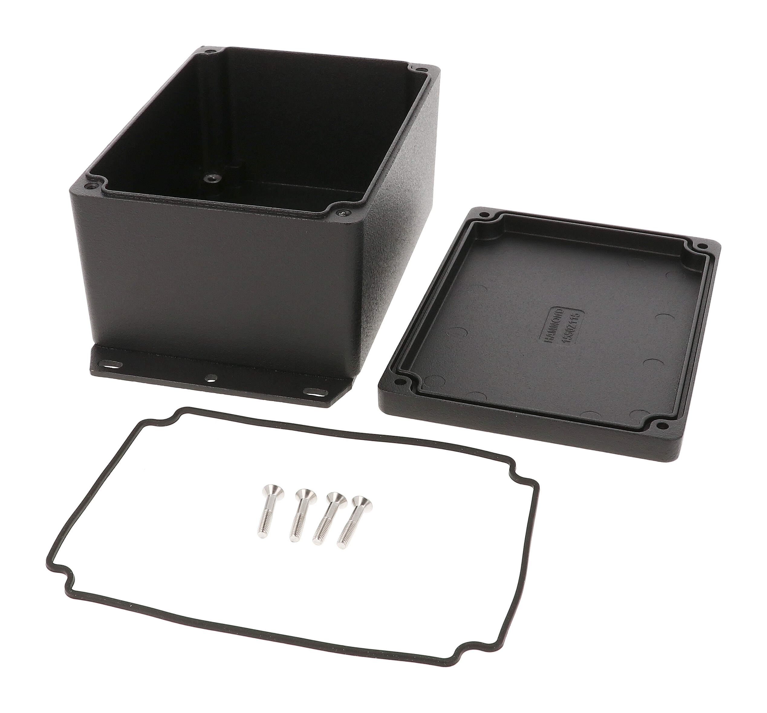 1550Z115FBK textured black watertight diecast enclosure with flanged base and screw-down lid, 175x108x78 mm