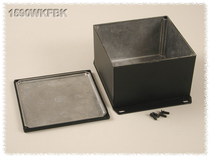 1590WKFBK black textured IP65 watertight diecast enclosure, 125 x 125 x 79 mm, with flanged bottom plate