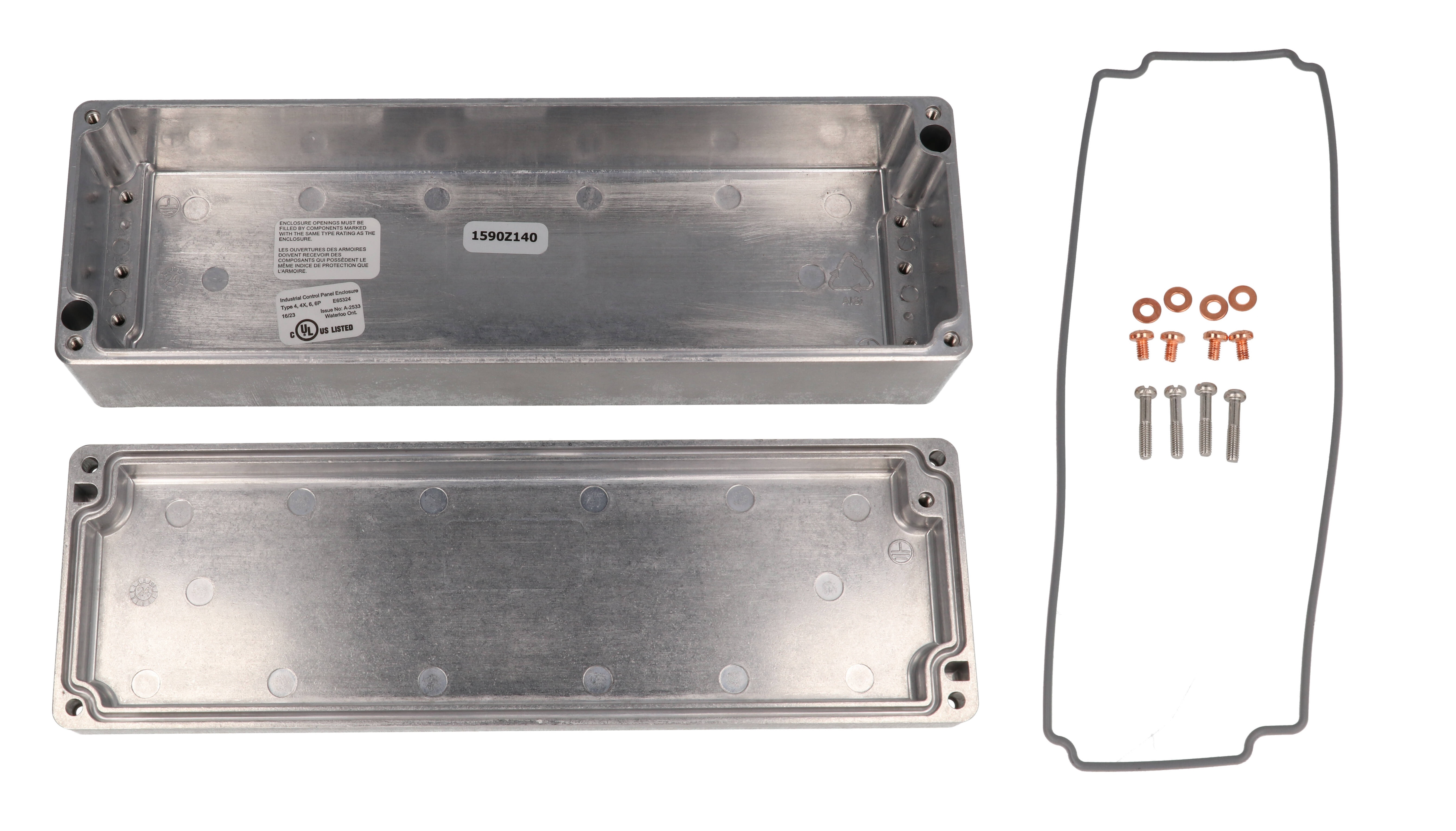 1590Z140 natural diecast aluminum enclosure, 250 x 80 x 57 mm, with lid and stainless steel cover screws