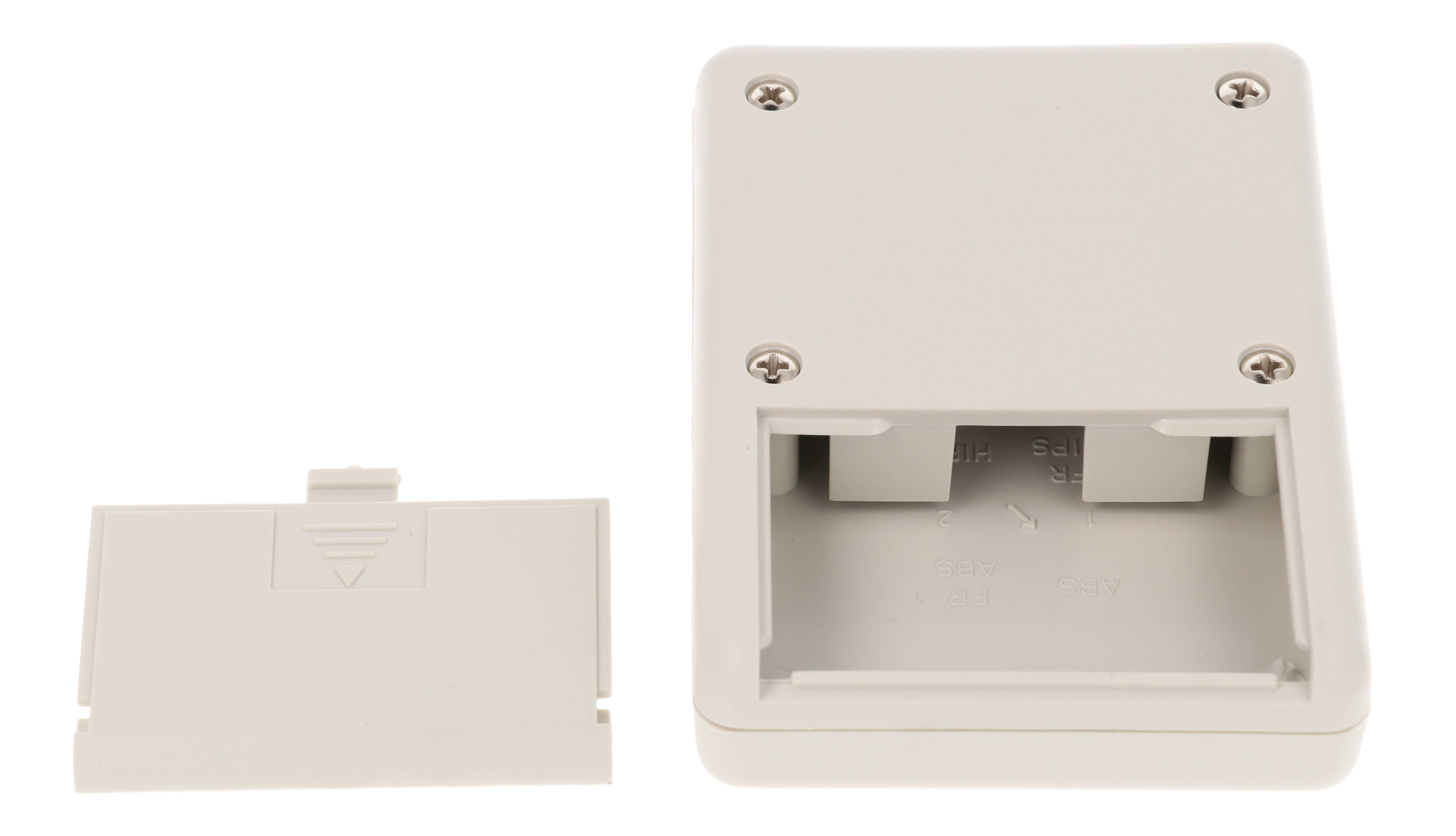 1593SALGY light gray ABS hand held instrument enclosure, 92 x 66.5 x 21 mm, with aluminum end panel and battery door