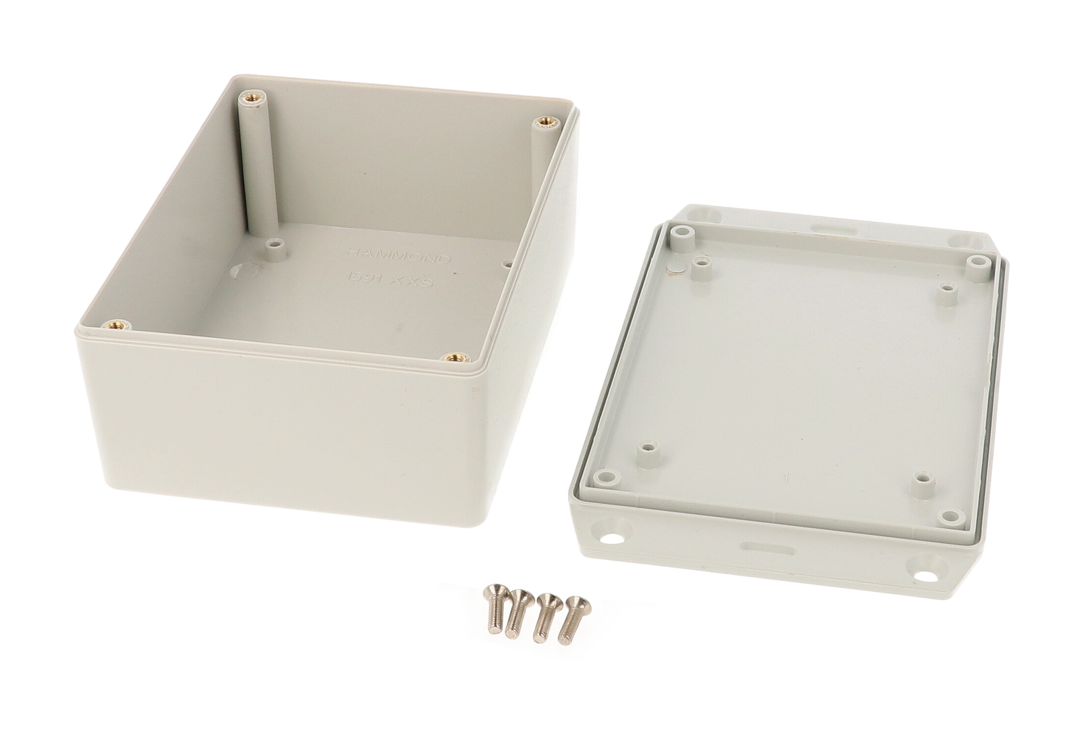 1591XXSFLGY light gray ABS plastic flanged-lid enclosure with PC board standoffs, 113 x 85 x 44 mm