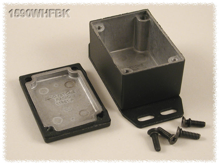 1590WHFBK black textured IP65 watertight diecast enclosure, 53 x 38 x 31 mm, with flanged bottom plate