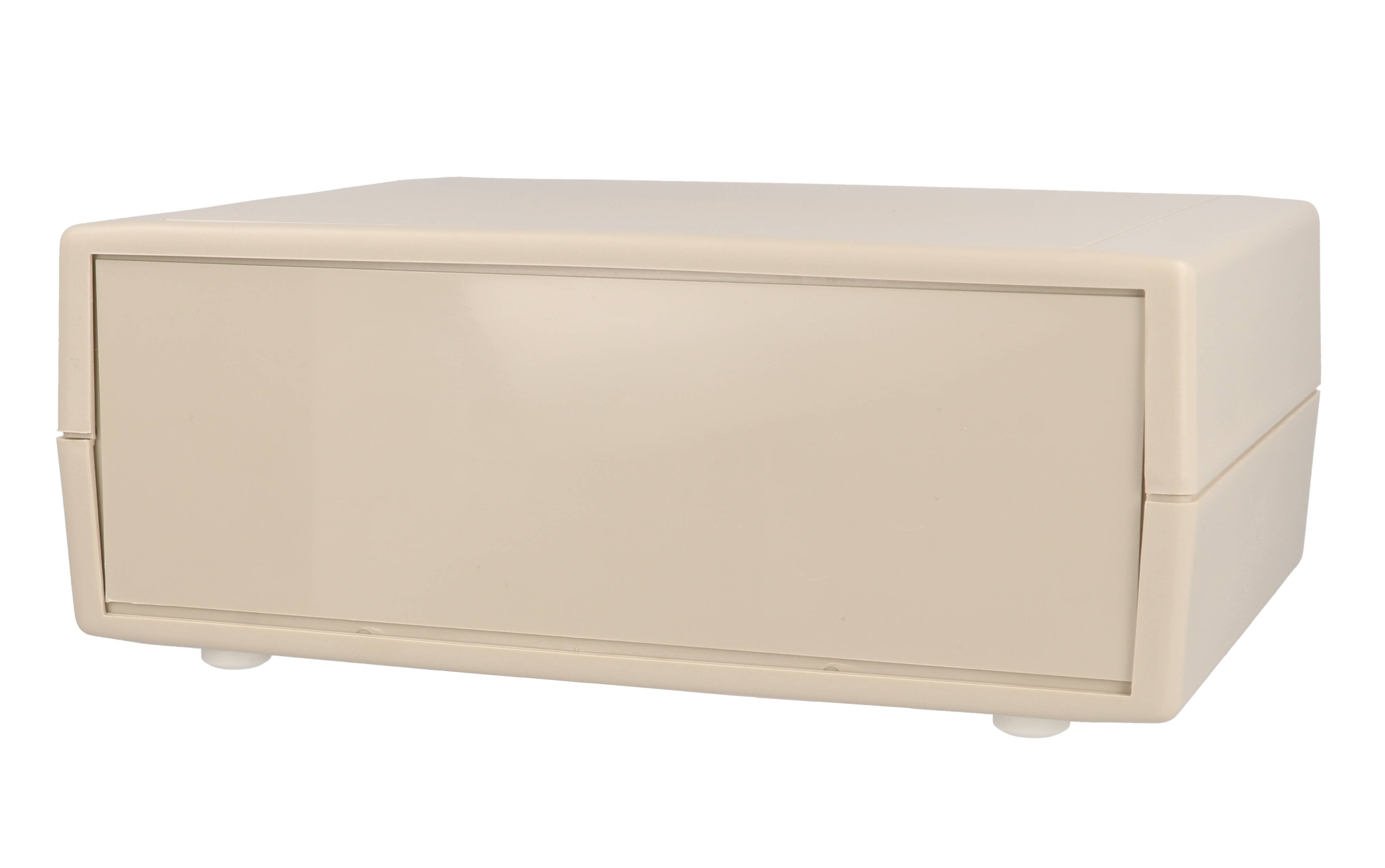 RM2055L light grey ABS instrument enclosure, 190 x 140 x 71 mm clam shell case with front and rear panels