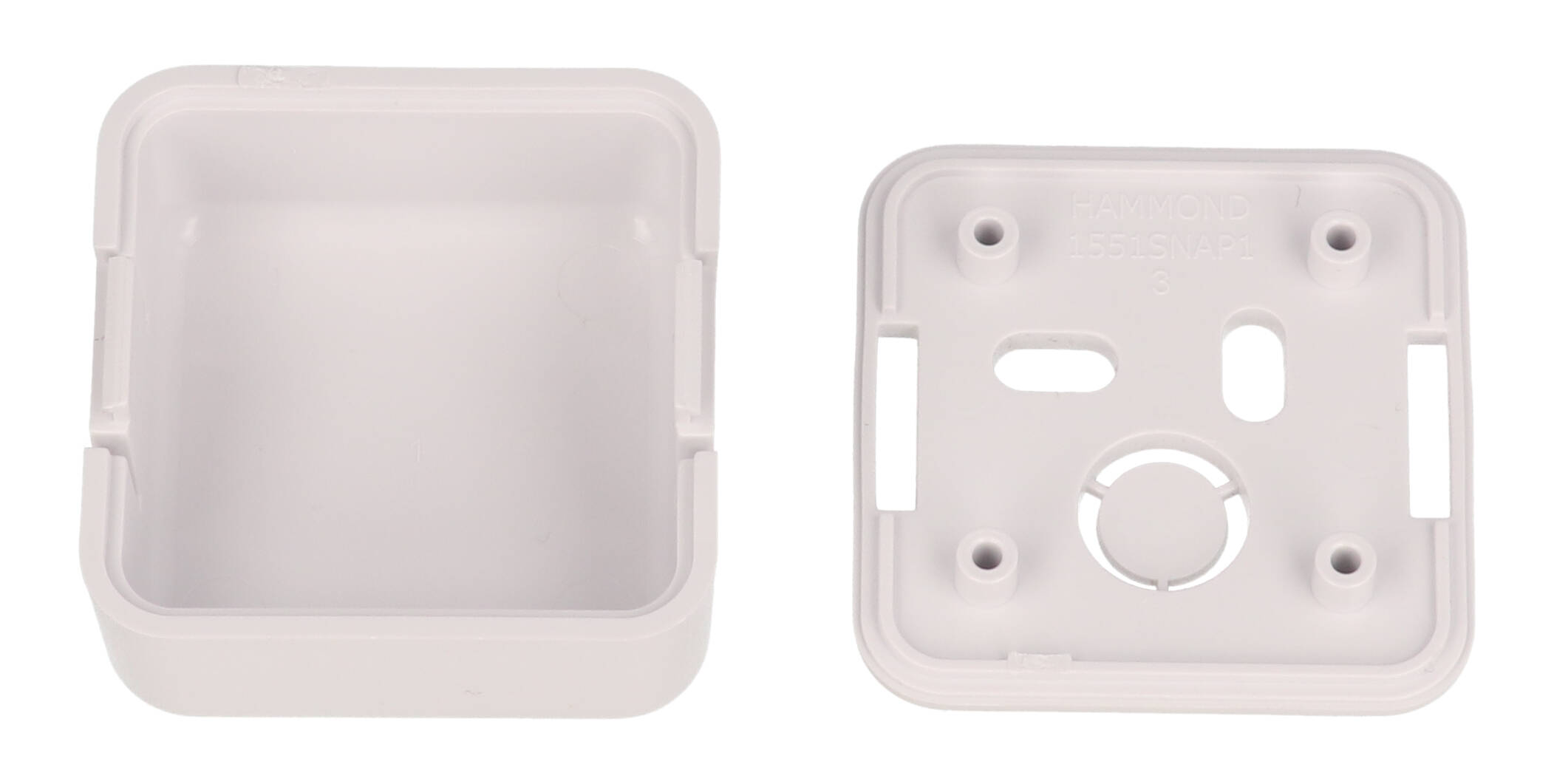 1551SNAP1WH white unvented snap-fit ABS sensor enclosure, 40 x 40 x 20 mm, with wall-mount slots