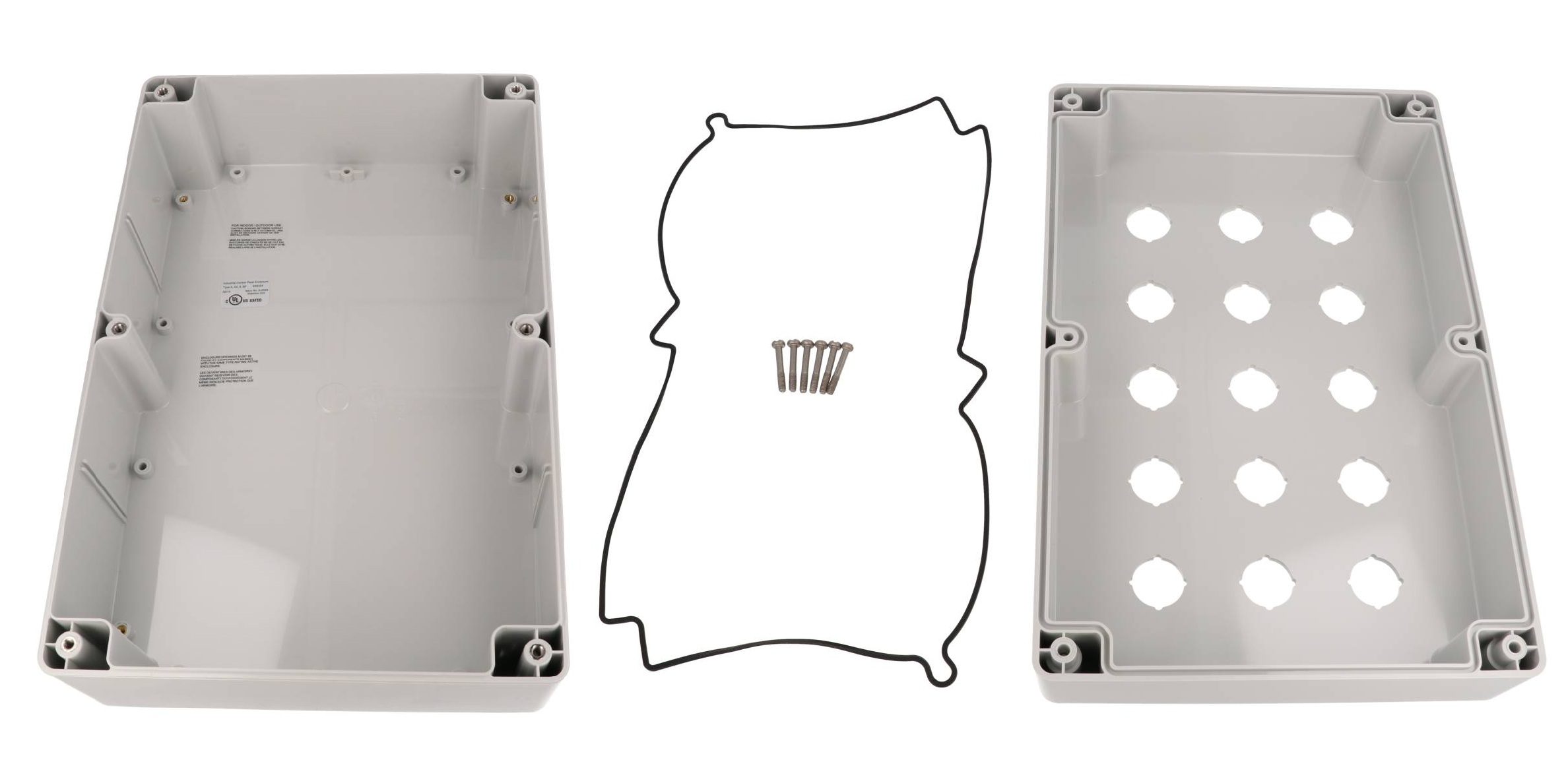 1554MPB15A deep light gray polycarbonate enclosure with 15 holes for 22.5 mm pushbuttons