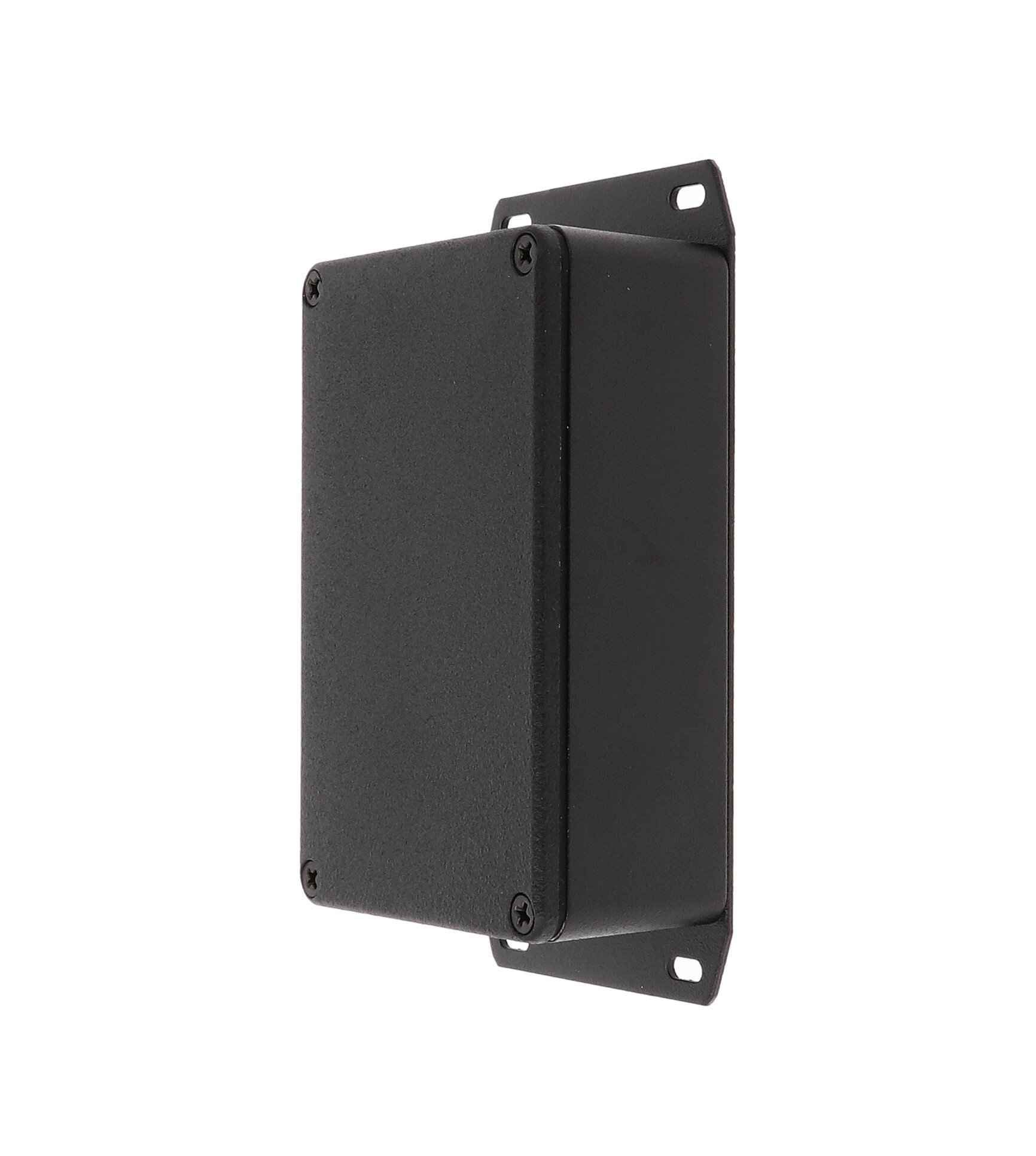 1590WB3FBK black textured IP65 watertight diecast enclosure, 116 x 77 x 38 mm, welded flanged bottom plate