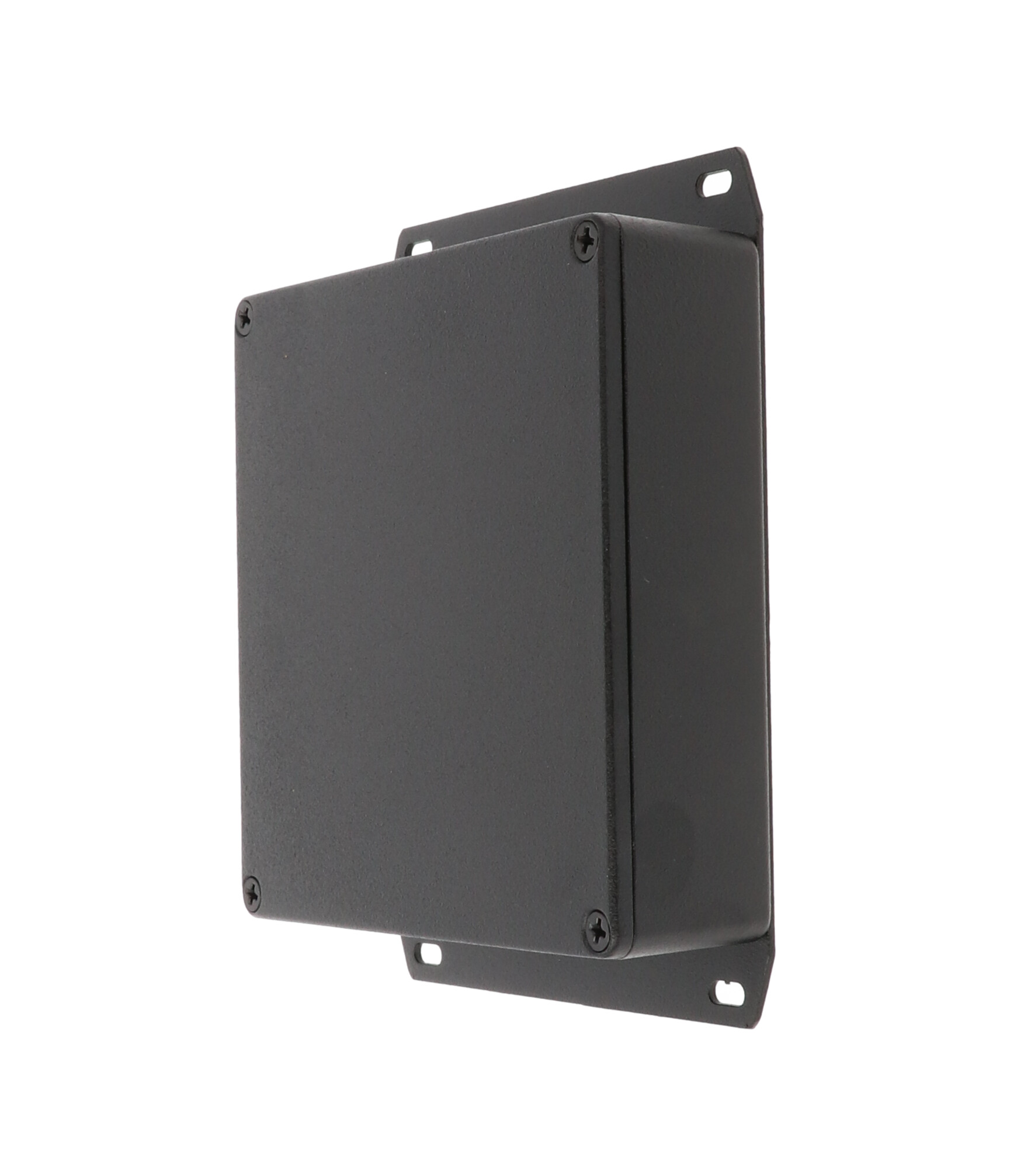 1590QFBK black diecast aluminum enclosure with welded flanged bottom plate, 120 x 120 x 34 mm