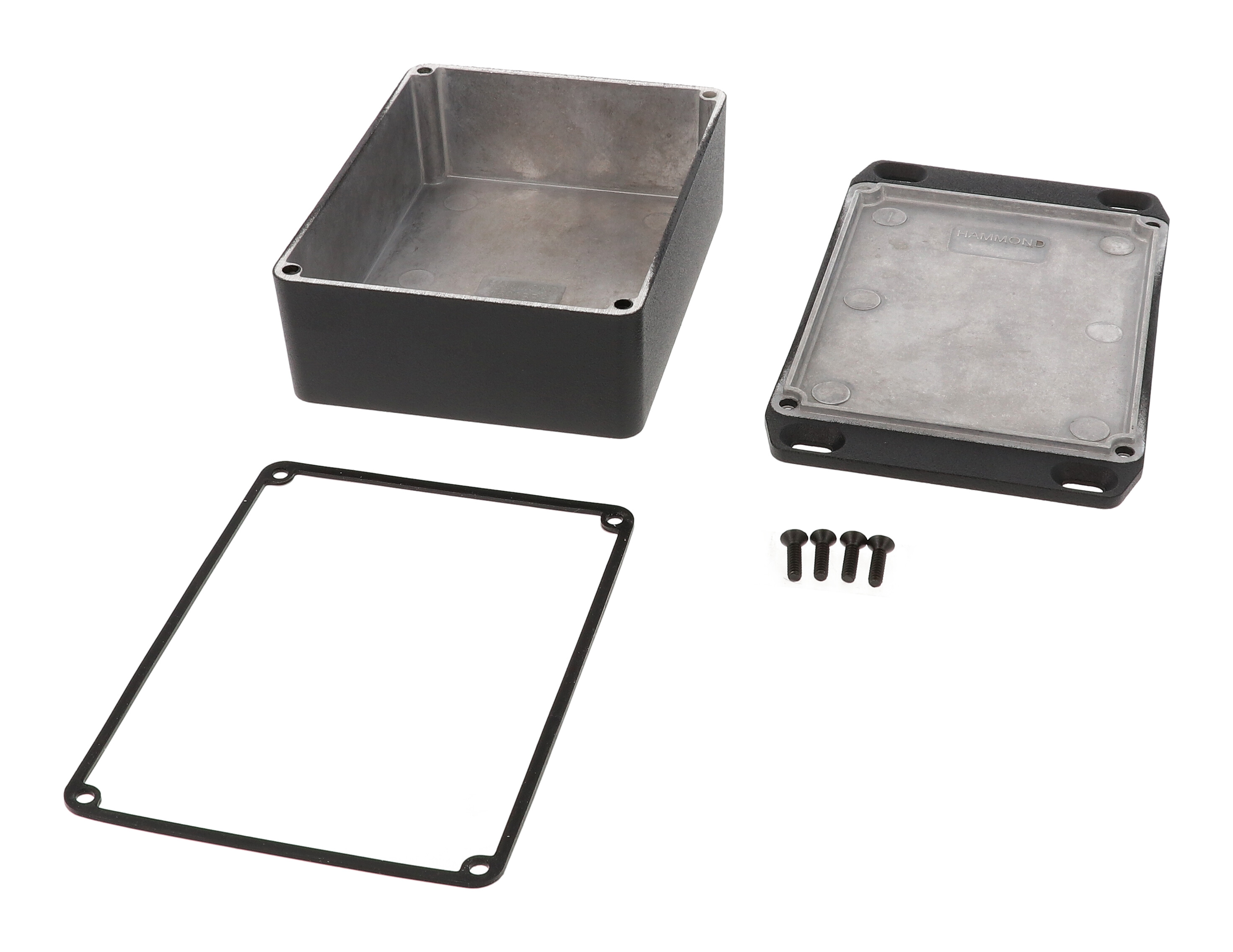 1590WBBSFLBK black textured water-tight diecast aluminum enclosure with flanged mounting lid