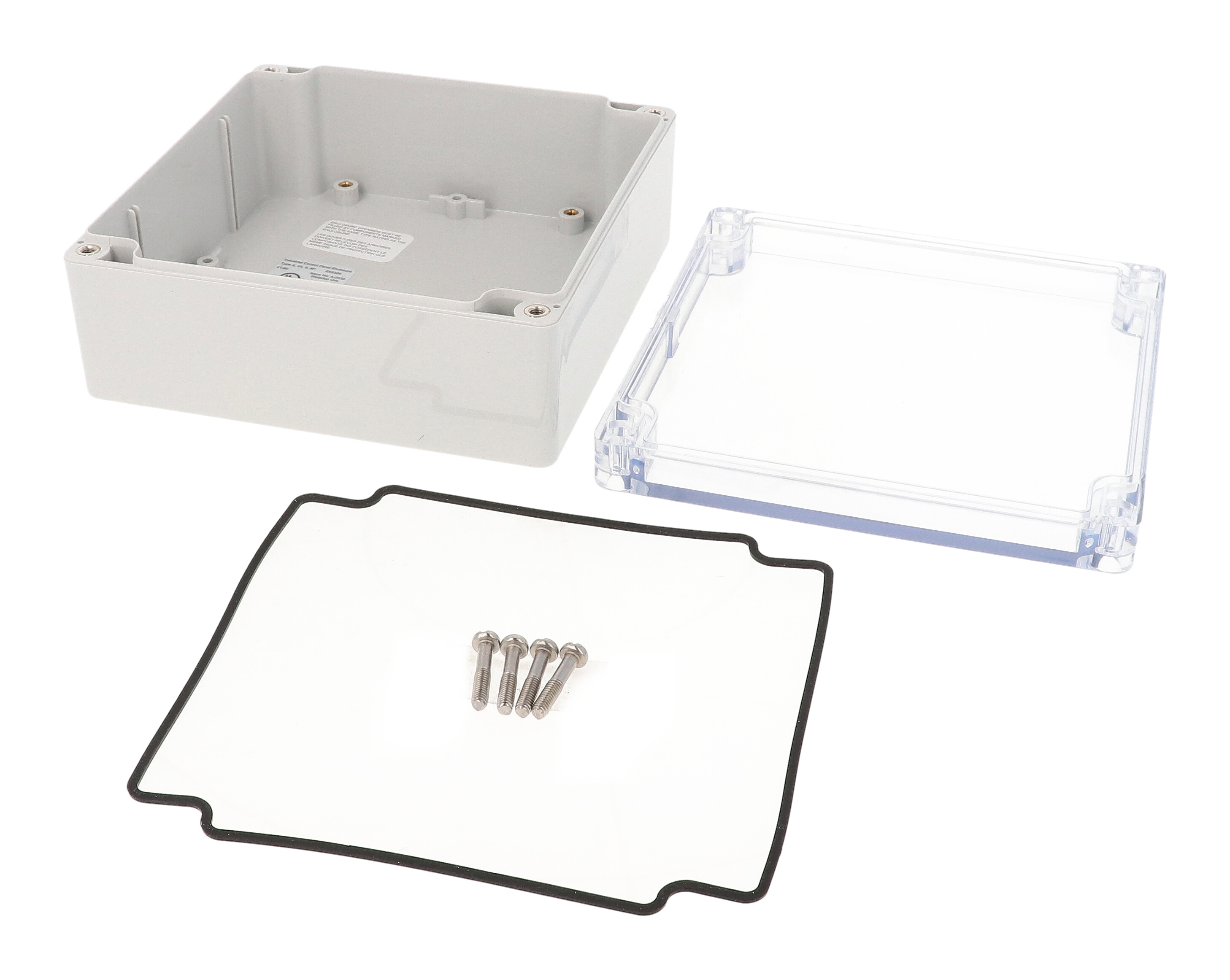 1554Q2GYCL light gray polycarbonate enclosure with clear lid, 140 x 140 x 60 mm