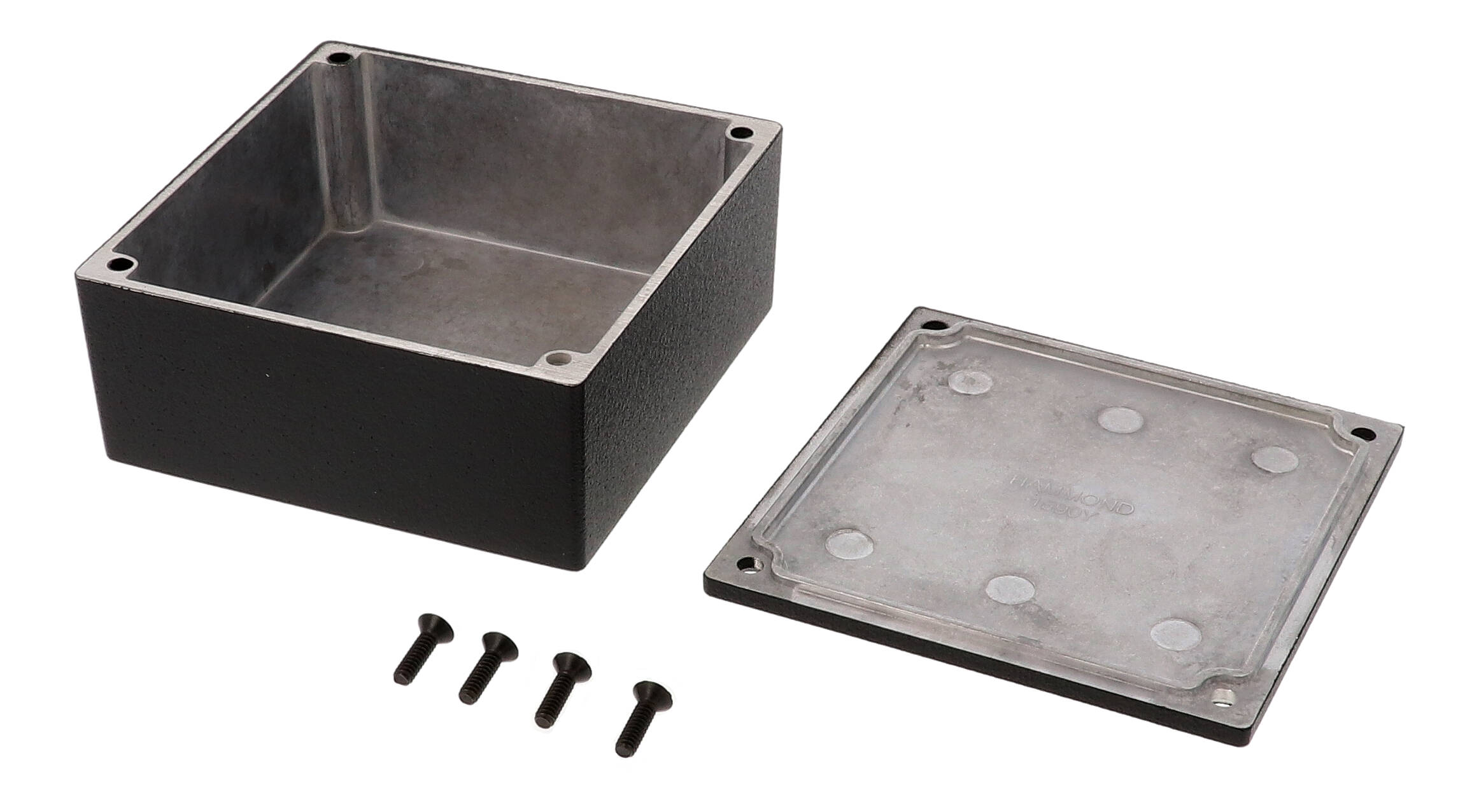 1590YBK textured black square diecast aluminum enclosure, 92 x 92 x 42 mm