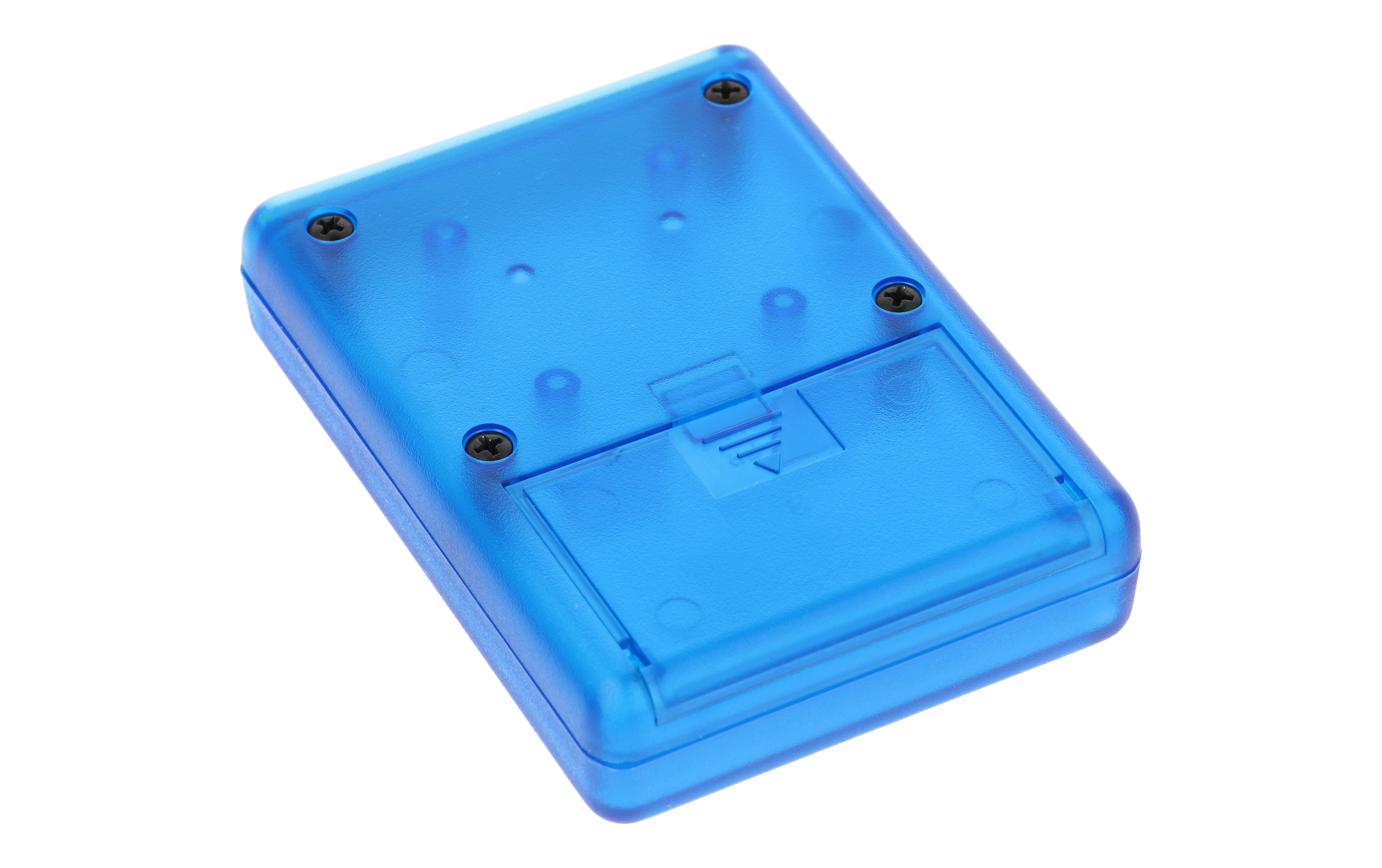 1593SALTBU translucent blue ABS hand held instrument enclosure, 92 x 66.5 x 21 mm, with aluminum end panel and battery door