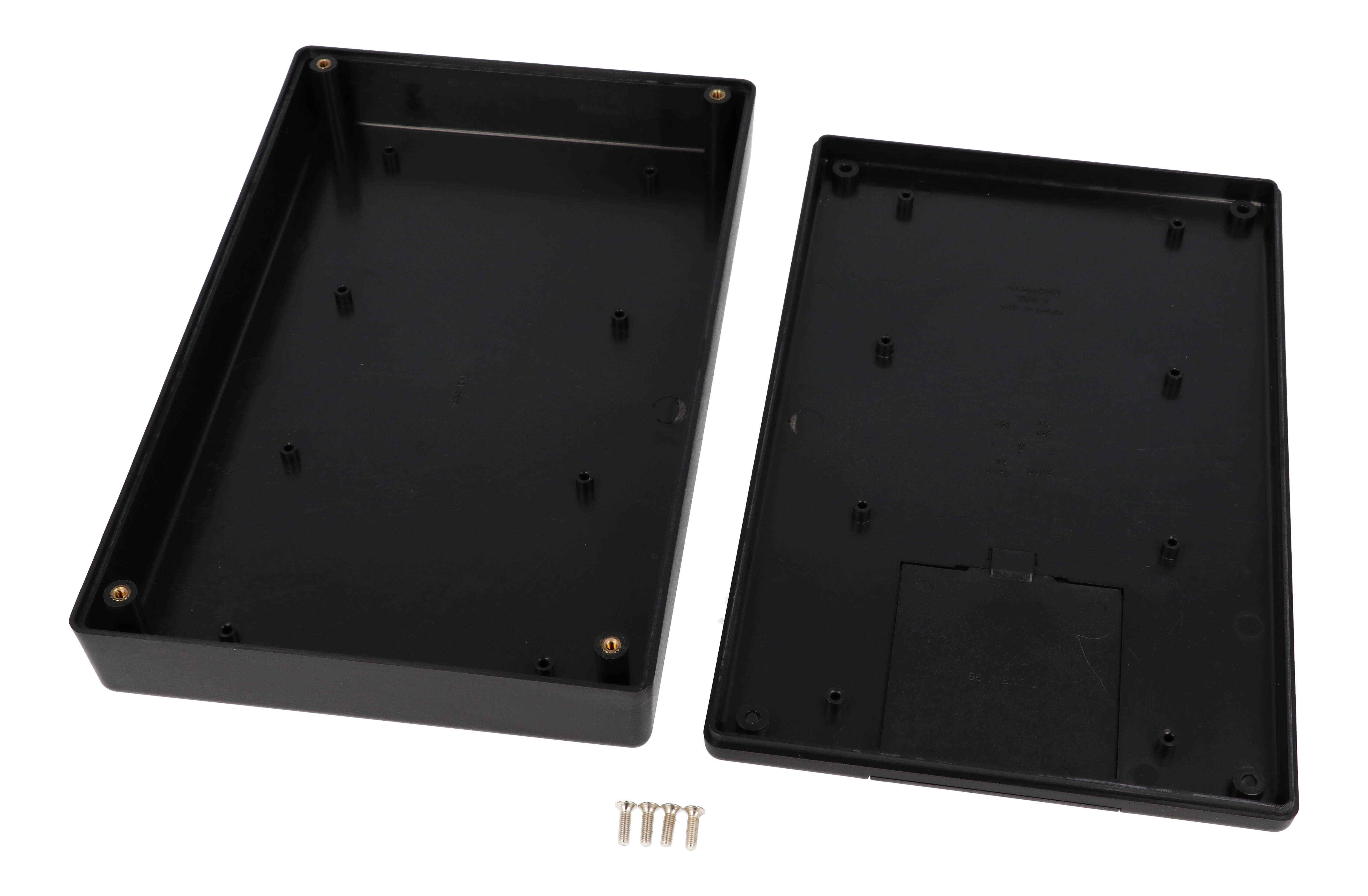 1599RFIKBKBAT black EMI/RFI shielded handheld enclosure with battery door, 220 x 140 mm
