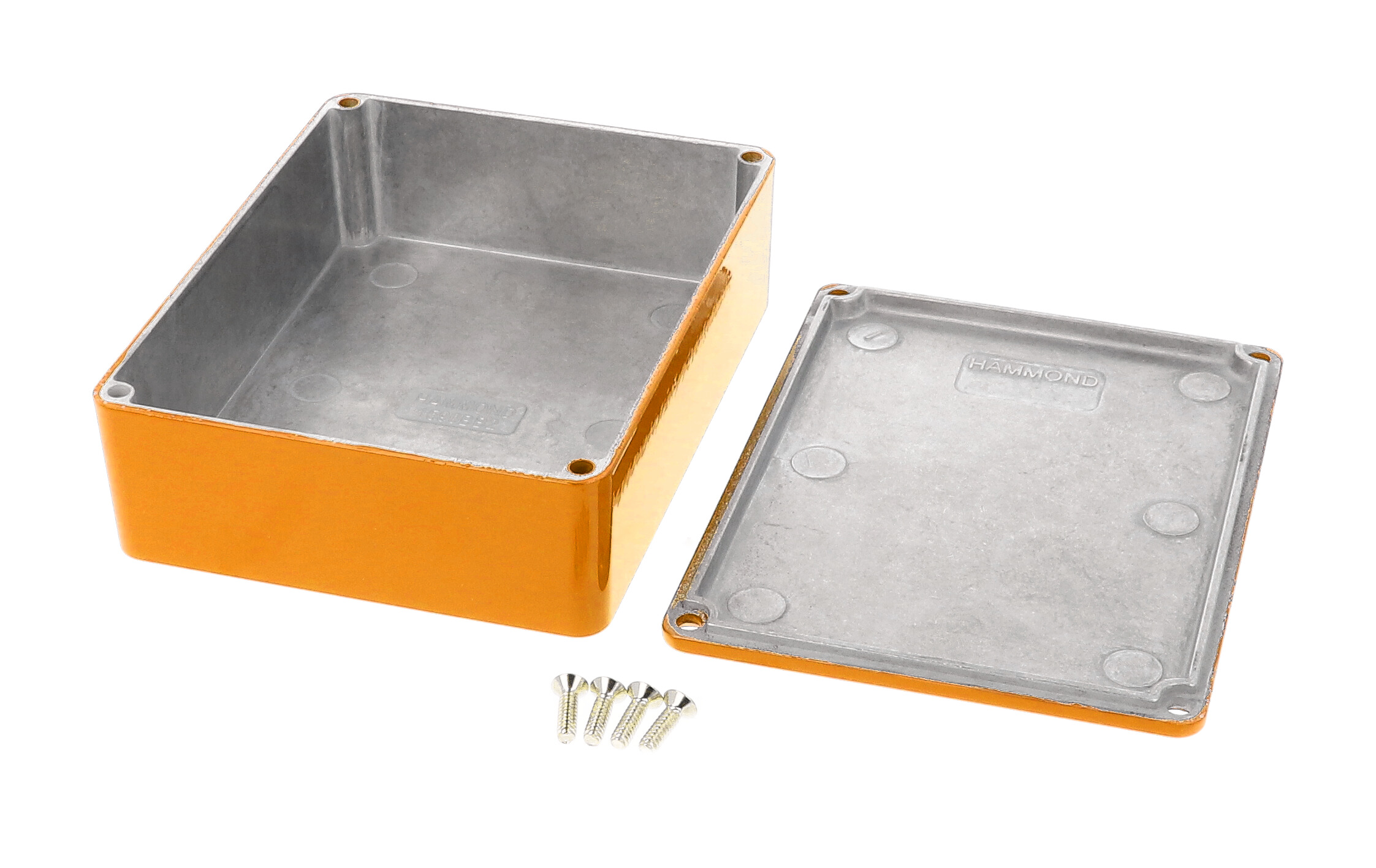 1590BB2OR orange powder coated diecast aluminum stomp box enclosure, 120 x 94 x 38 mm, with lid