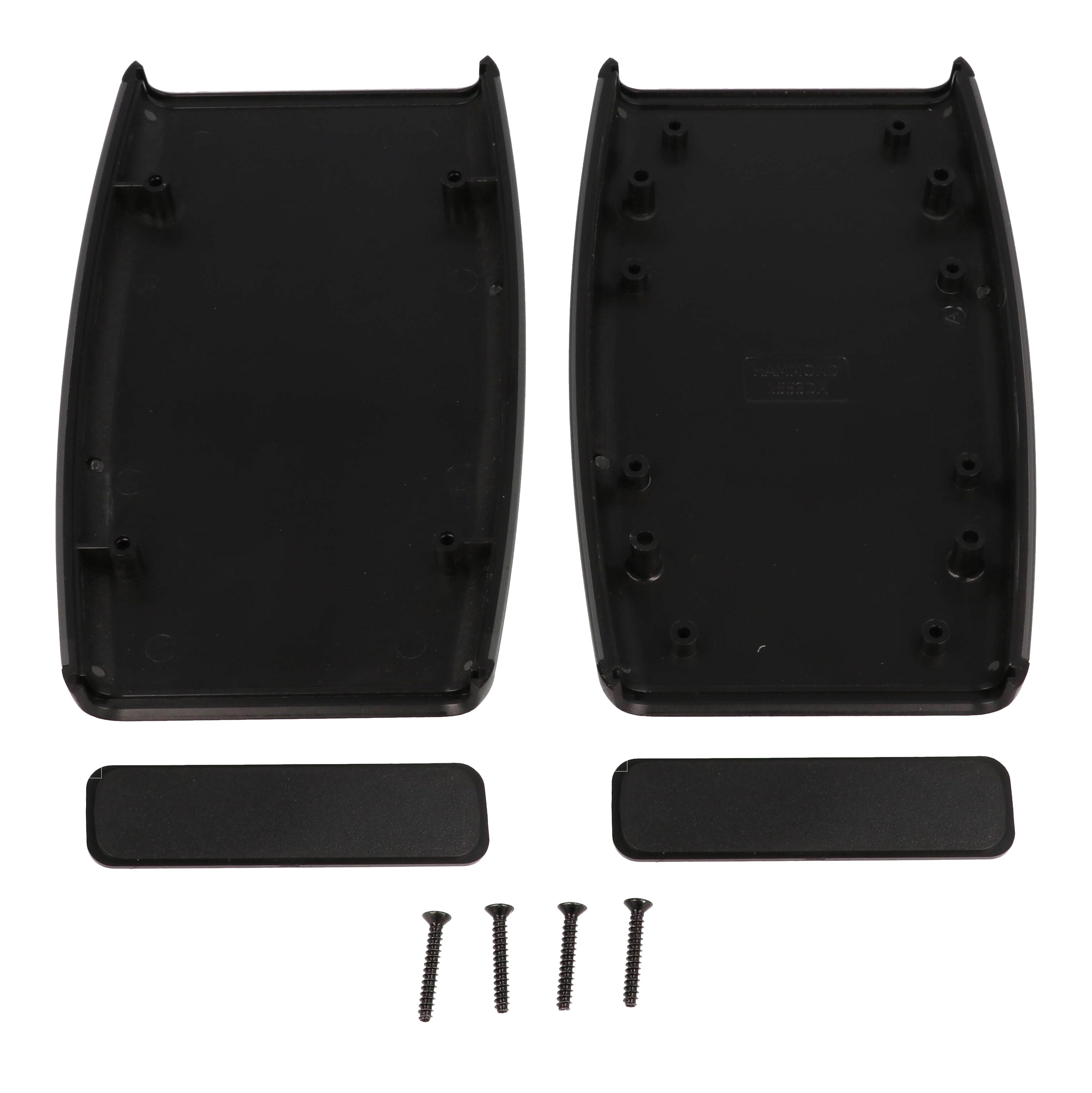 1553DXBK black ABS hand held enclosure with gray soft side overmold and two end panels