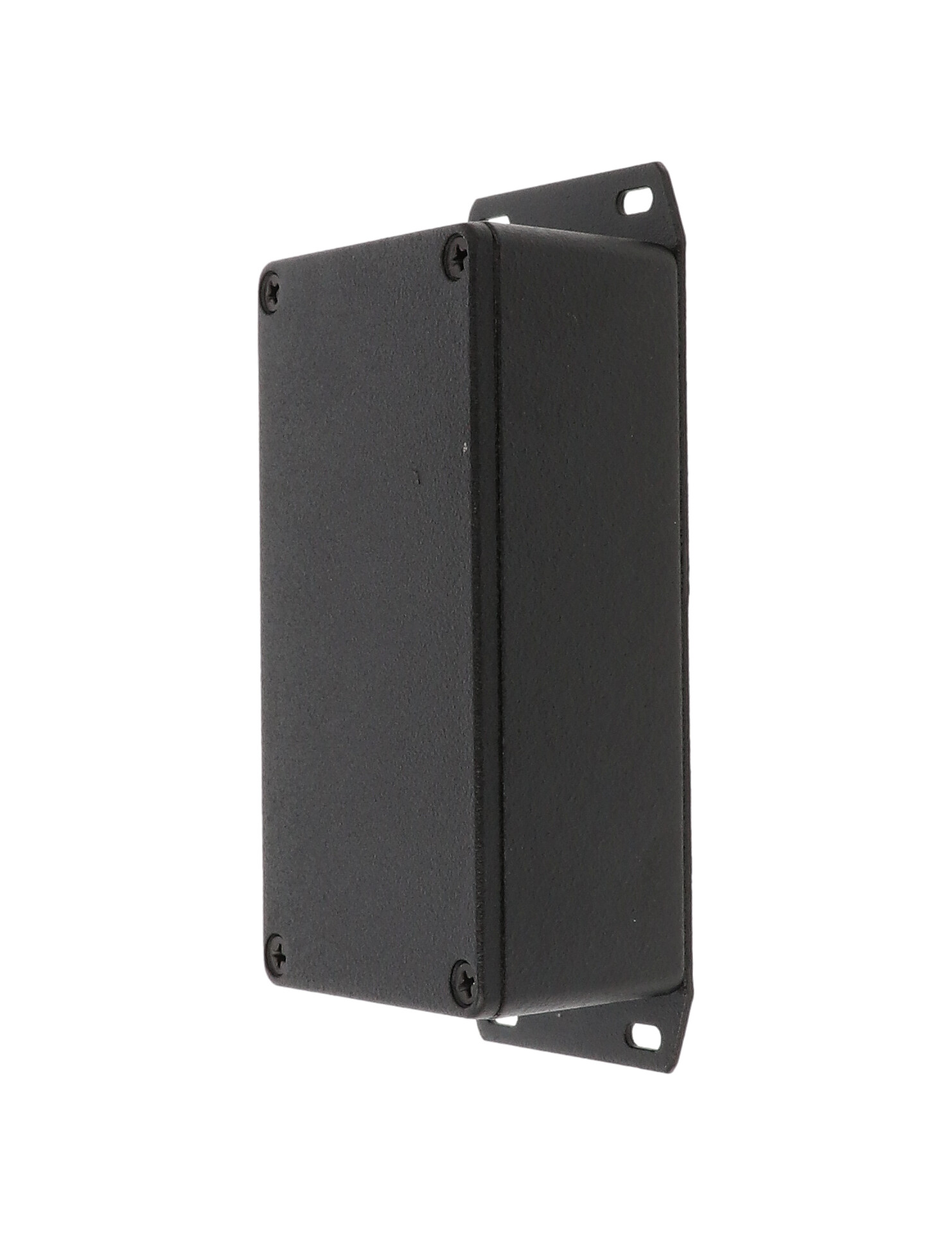 1590N1FBK black textured 121 x 66 x 40 mm diecast aluminum enclosure with welded bottom mounting flange