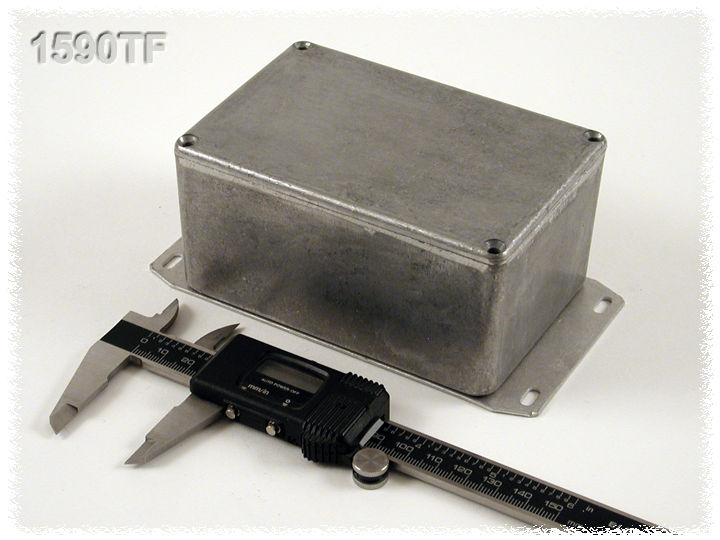 1590TF natural aluminum diecast aluminum enclosure with flanged bottom plate, 120 x 80 x 59 mm