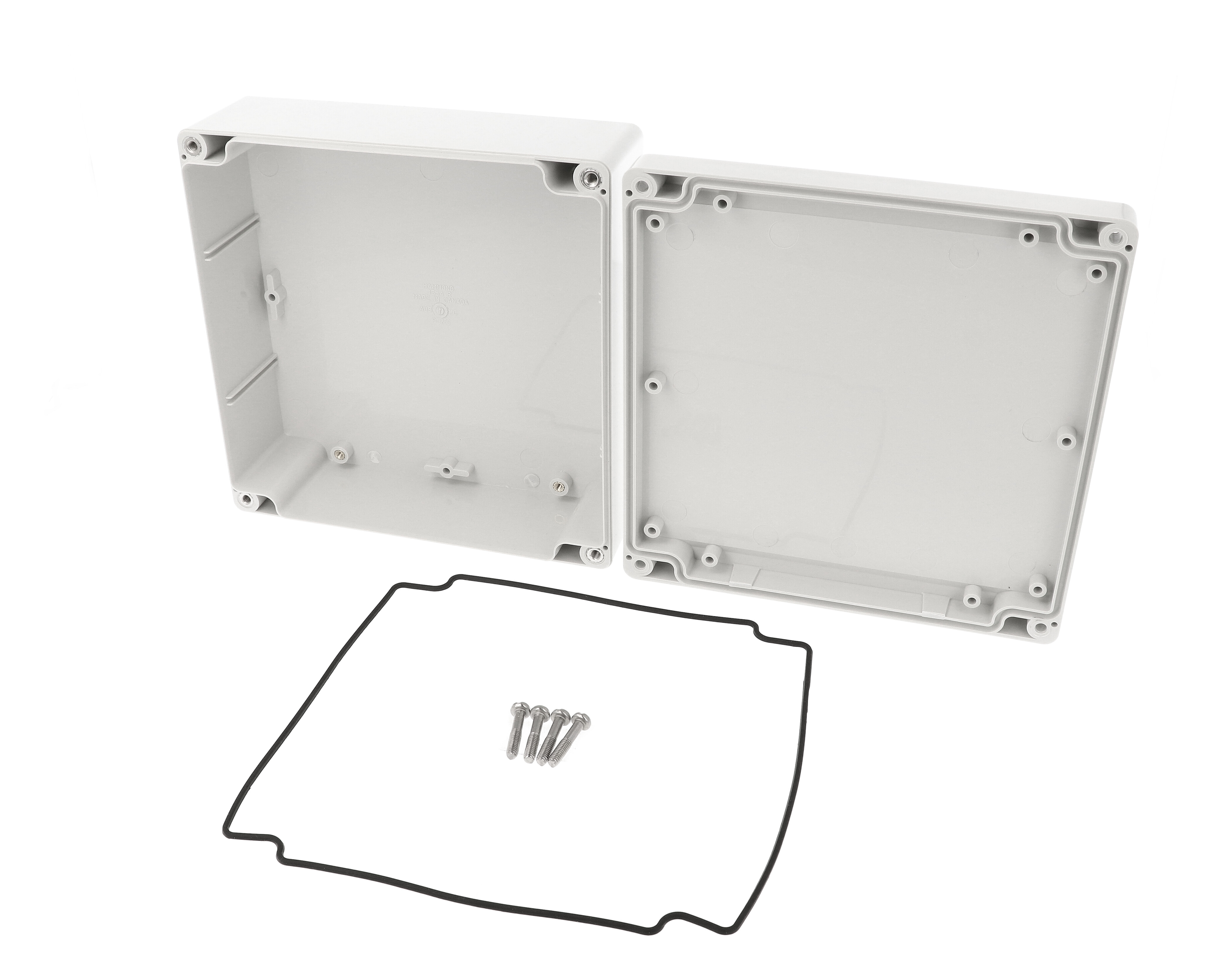 1555RGY light gray ABS watertight enclosure, 160 x 160 x 61 mm, with gasketed lid and M4 screws