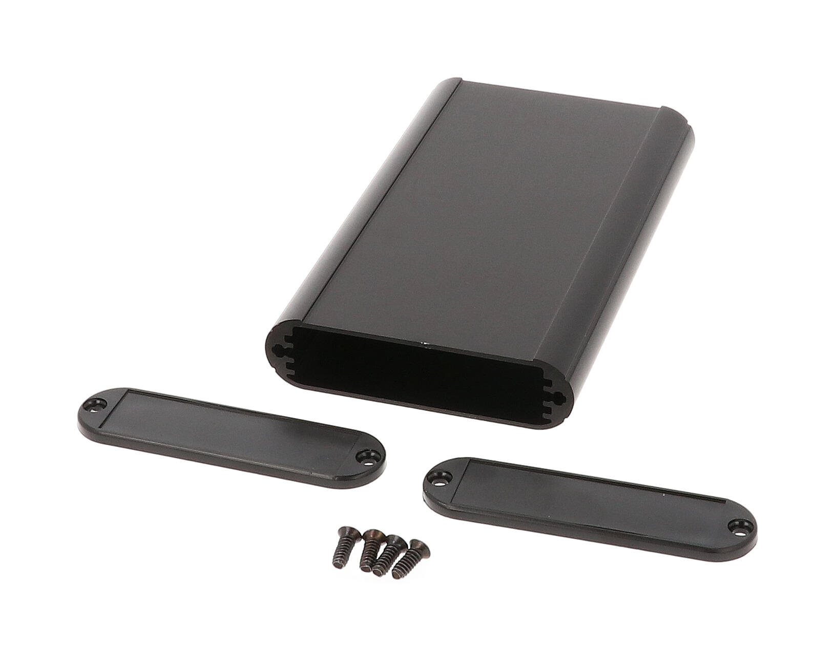 1455B1202BK black anodized extruded aluminum PC board enclosure, 120 x 72 x 19 mm, with plastic end panels