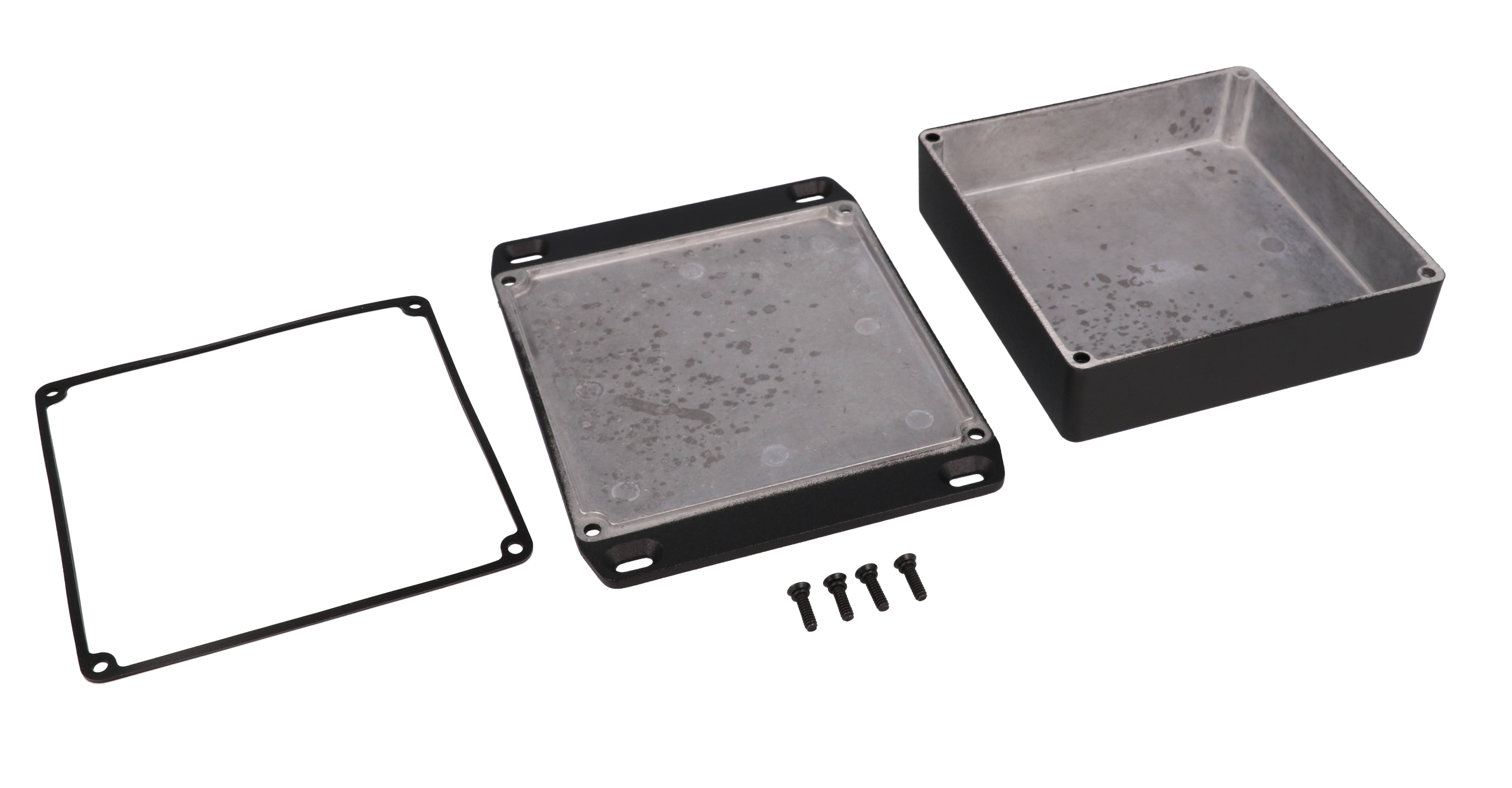 1590WQFLBK black textured IP65 water-tight diecast aluminum enclosure with a wall-mounting flanged lid, 120x120x34mm