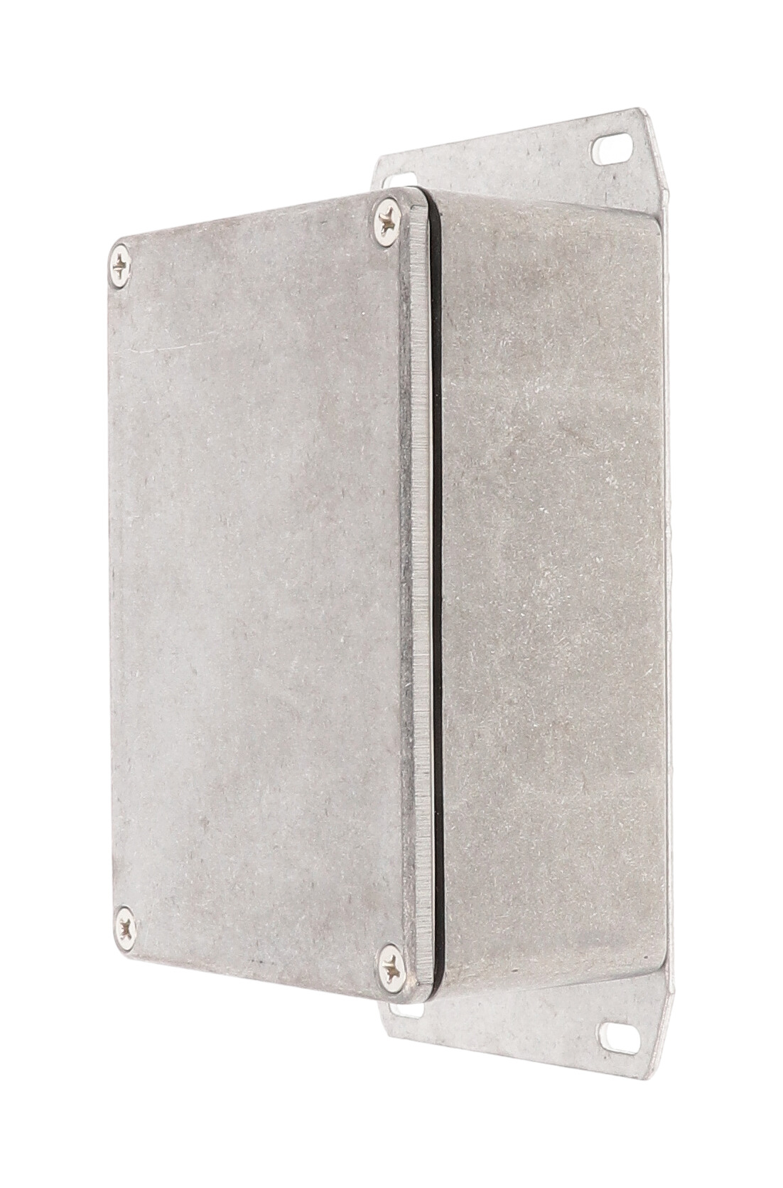 1590WSF natural aluminum IP65 water-tight diecast aluminum enclosure with a welded flanged bottom plate, 110x82x44mm