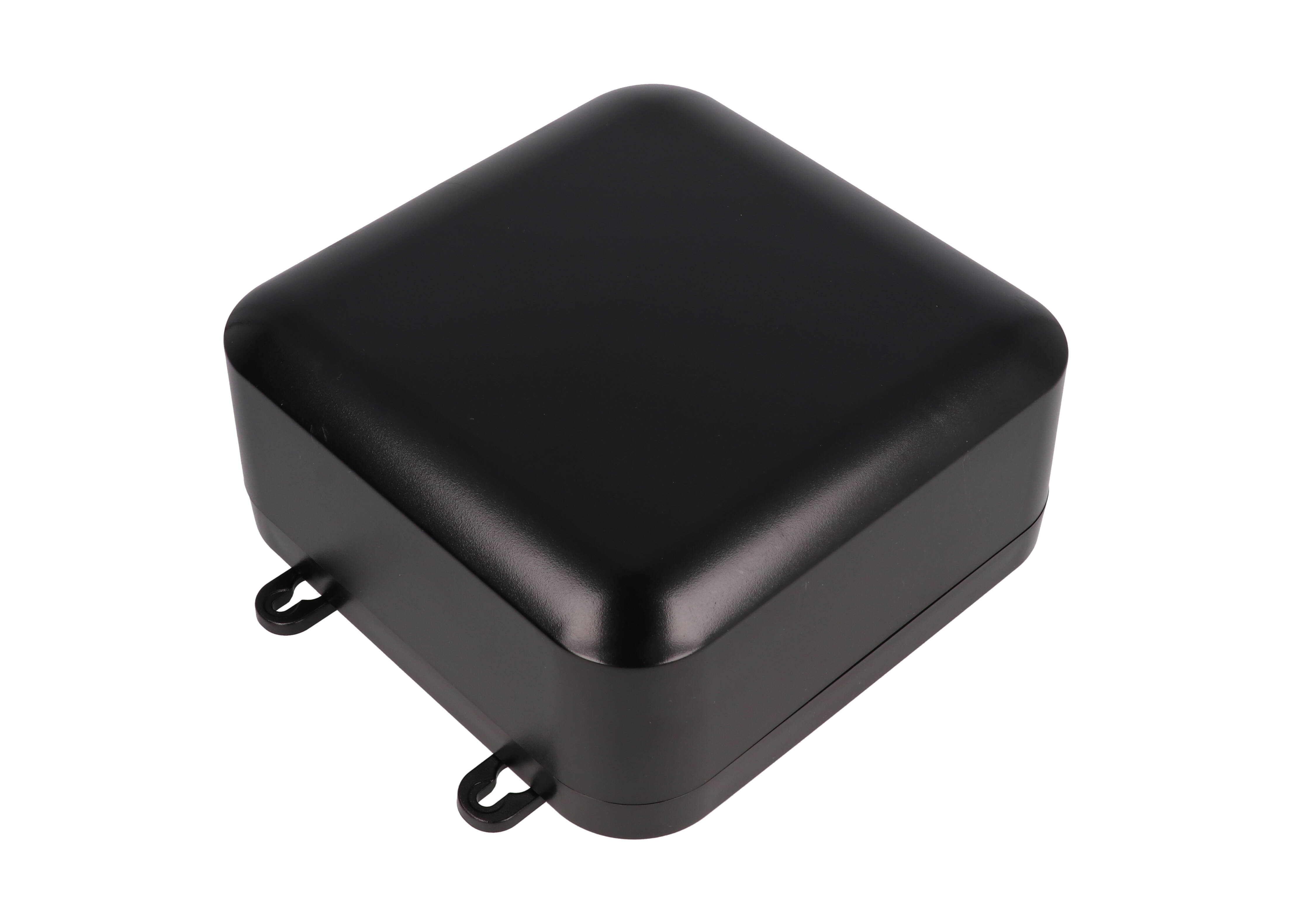 1557FA2BK black polycarbonate watertight enclosure, 160 x 160 x 70 mm, shown with lid fitted
