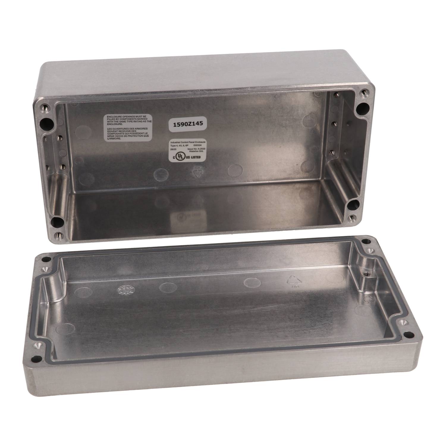 1590Z145 natural diecast aluminum enclosure, 200 x 100 mm, shown with lid and cover screws