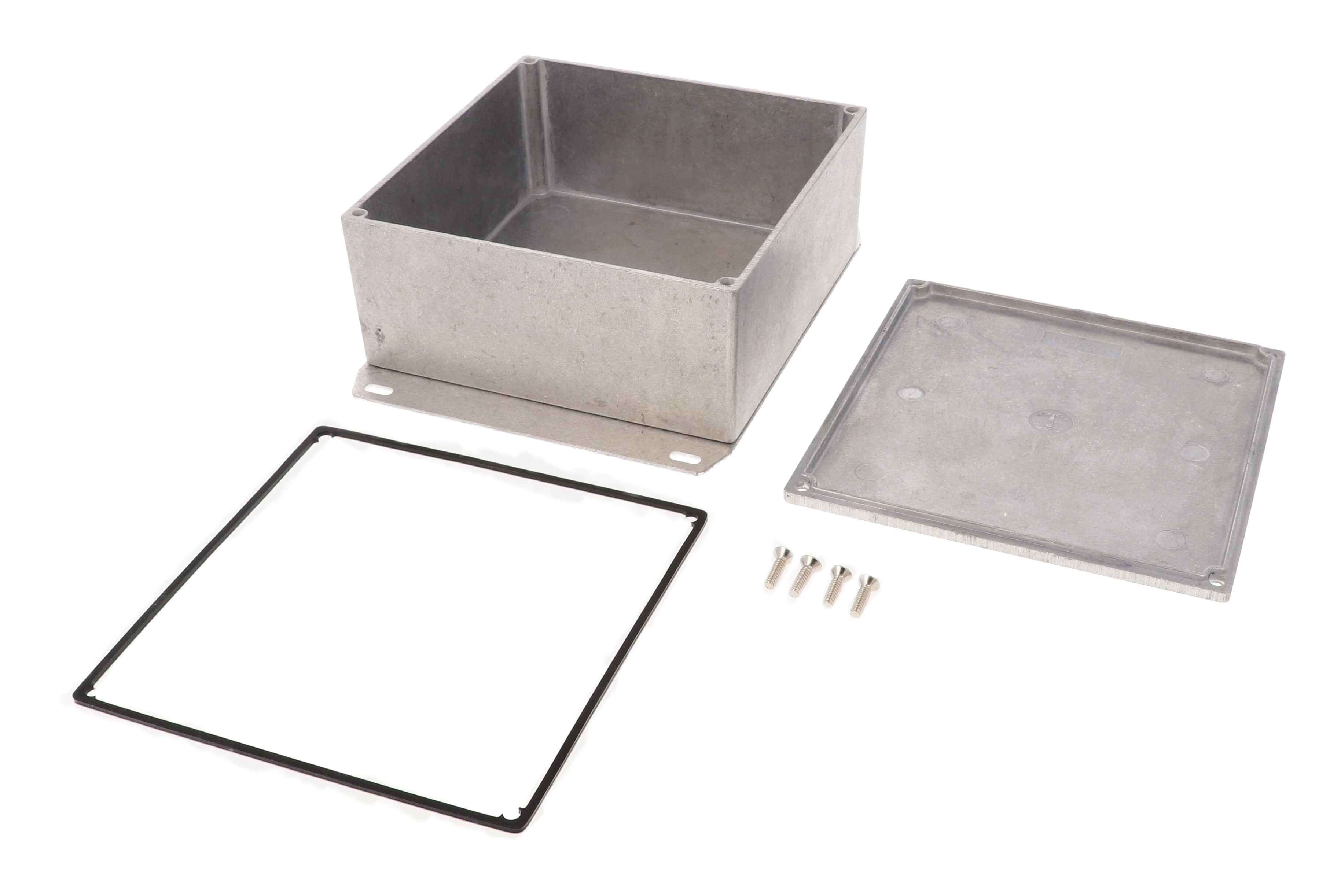 1590WKKF natural aluminum IP65 watertight diecast enclosure, 125 x 125 x 57 mm, with flanged bottom plate