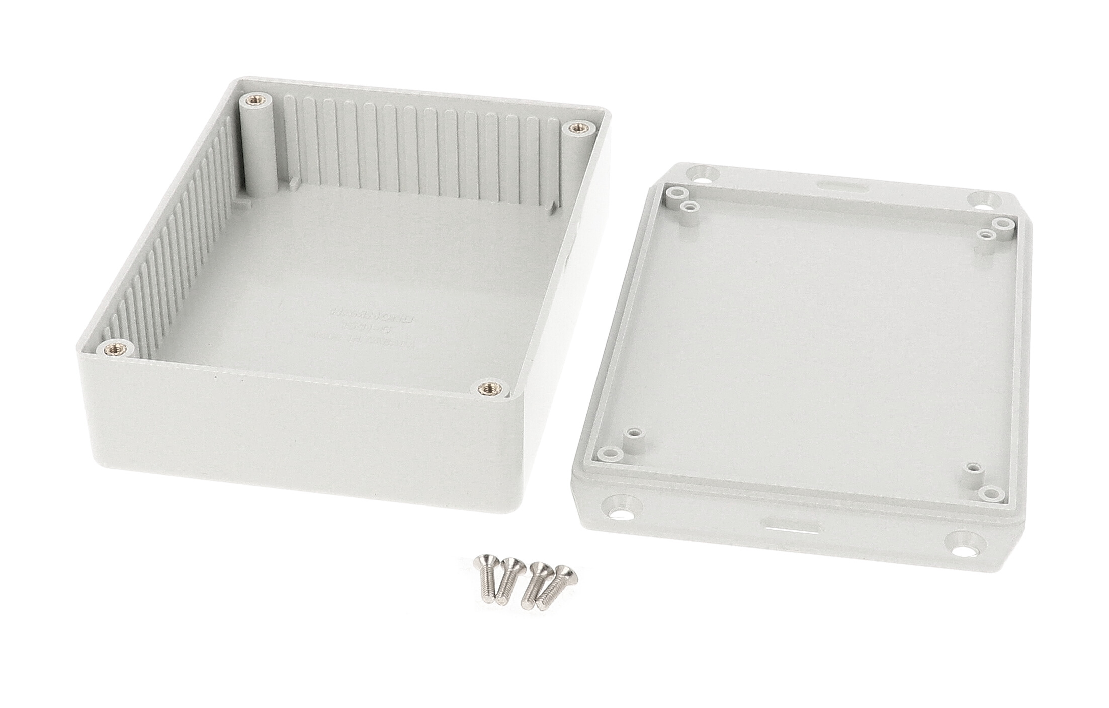 1591GFLGY light gray flame retardant ABS enclosure with wall mounting flanges on the lid