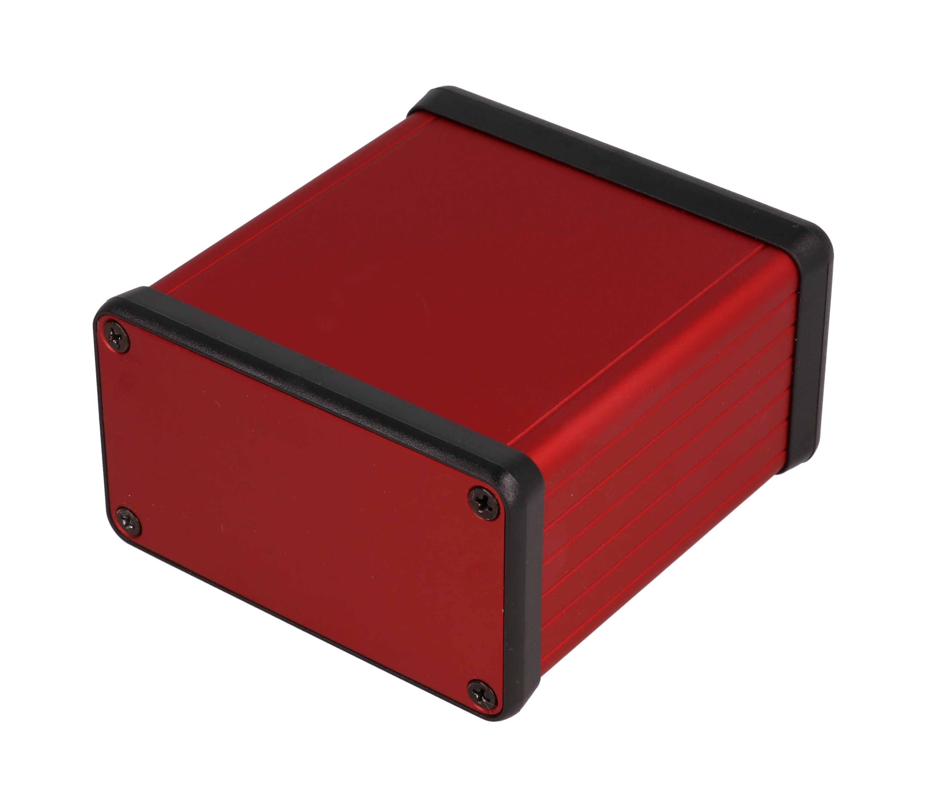 1455K801RD — extruded red aluminum enclosure w/ metal end panels