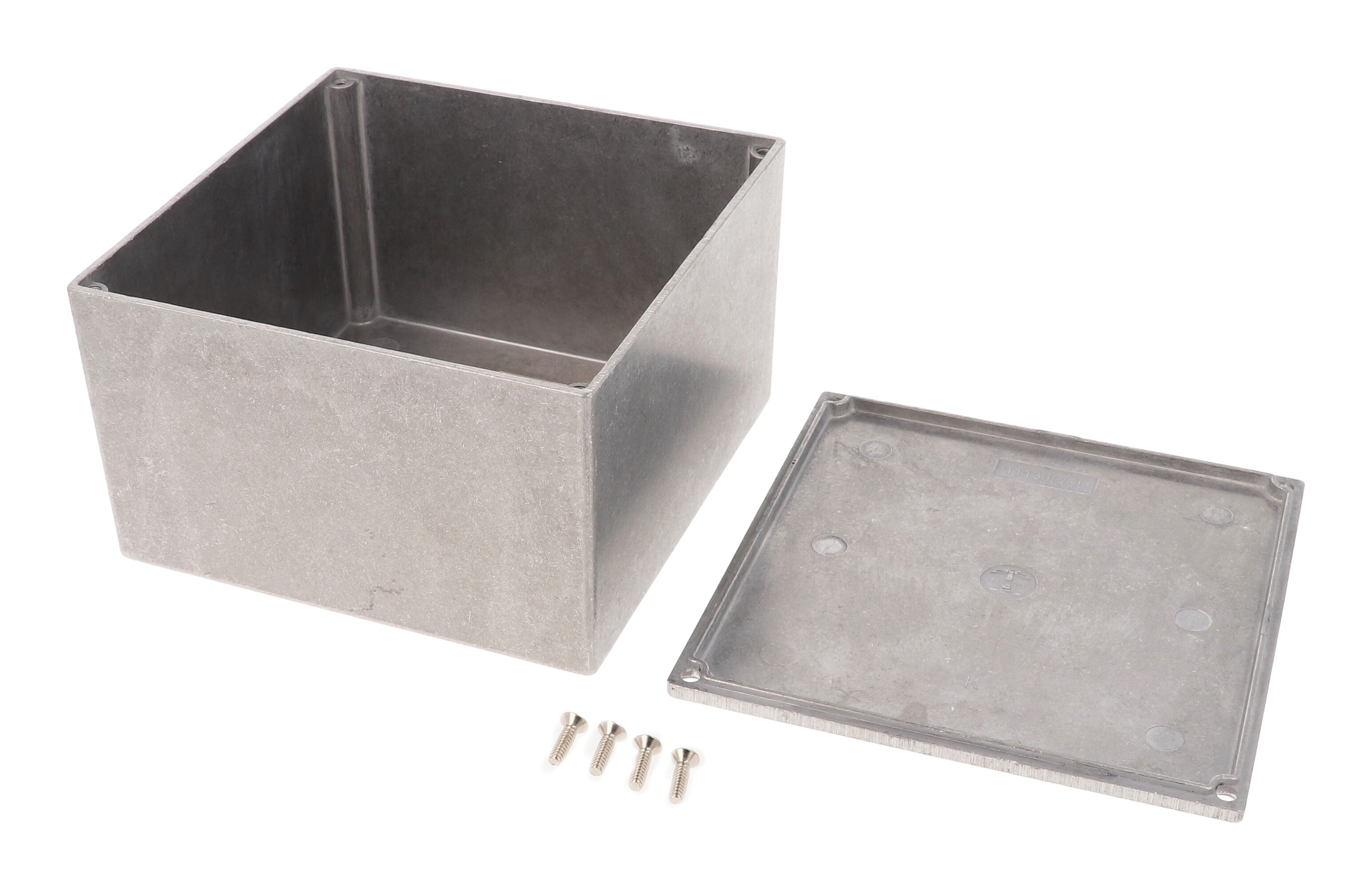 1590K natural diecast aluminum enclosure, 125 x 125 x 79 mm, with lap joint lid and cover screws