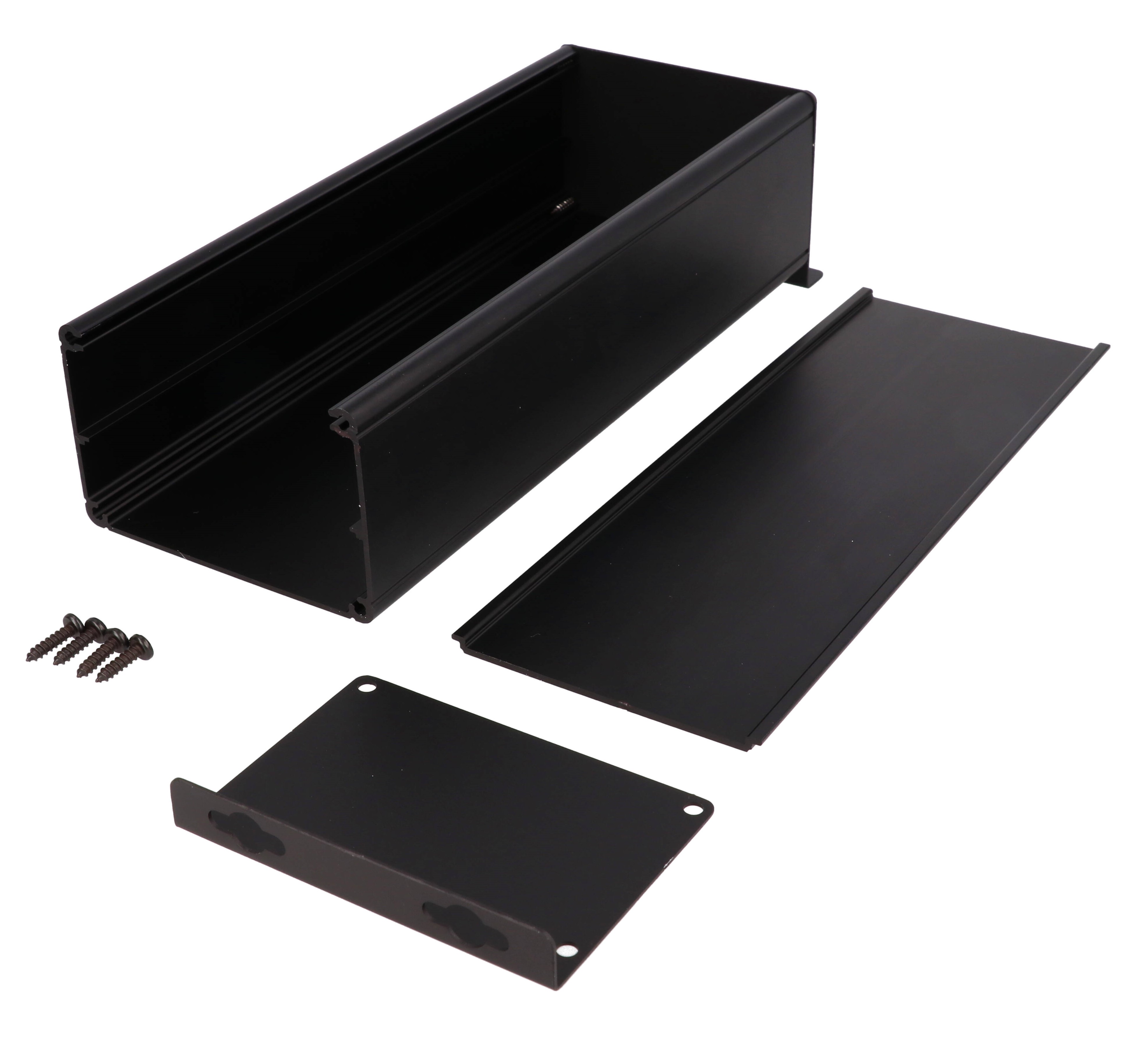 1455ZT2201BK black anodized wallmount extruded aluminum enclosure, 220 x 89 x 56 mm, with keyhole mounting brackets